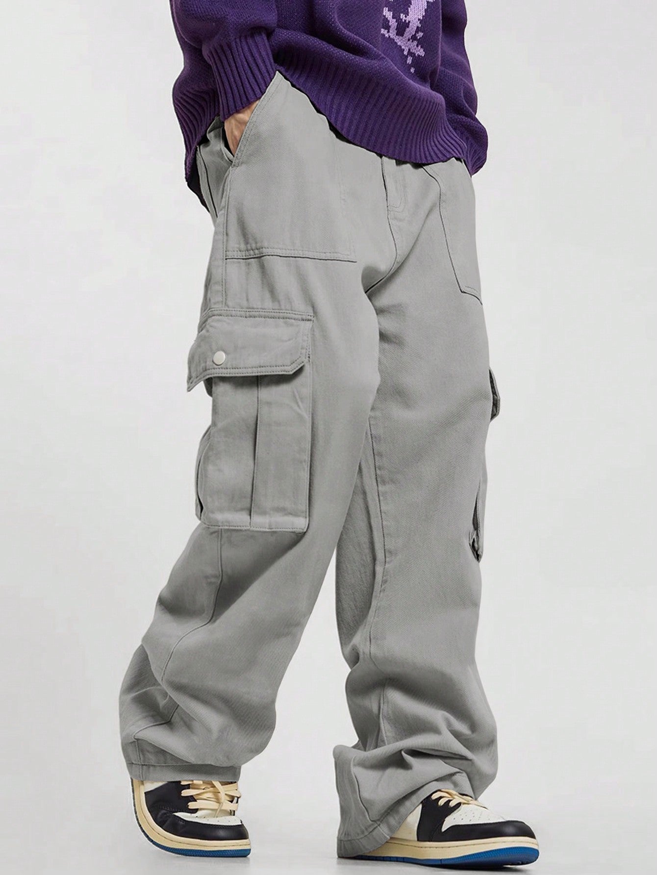 Calça Masculina Cargo Casual Bolsos Sobrepostos E Corte Clássico Cinza Claro / PP Calça Masculina Cargo Casual Bolsos
