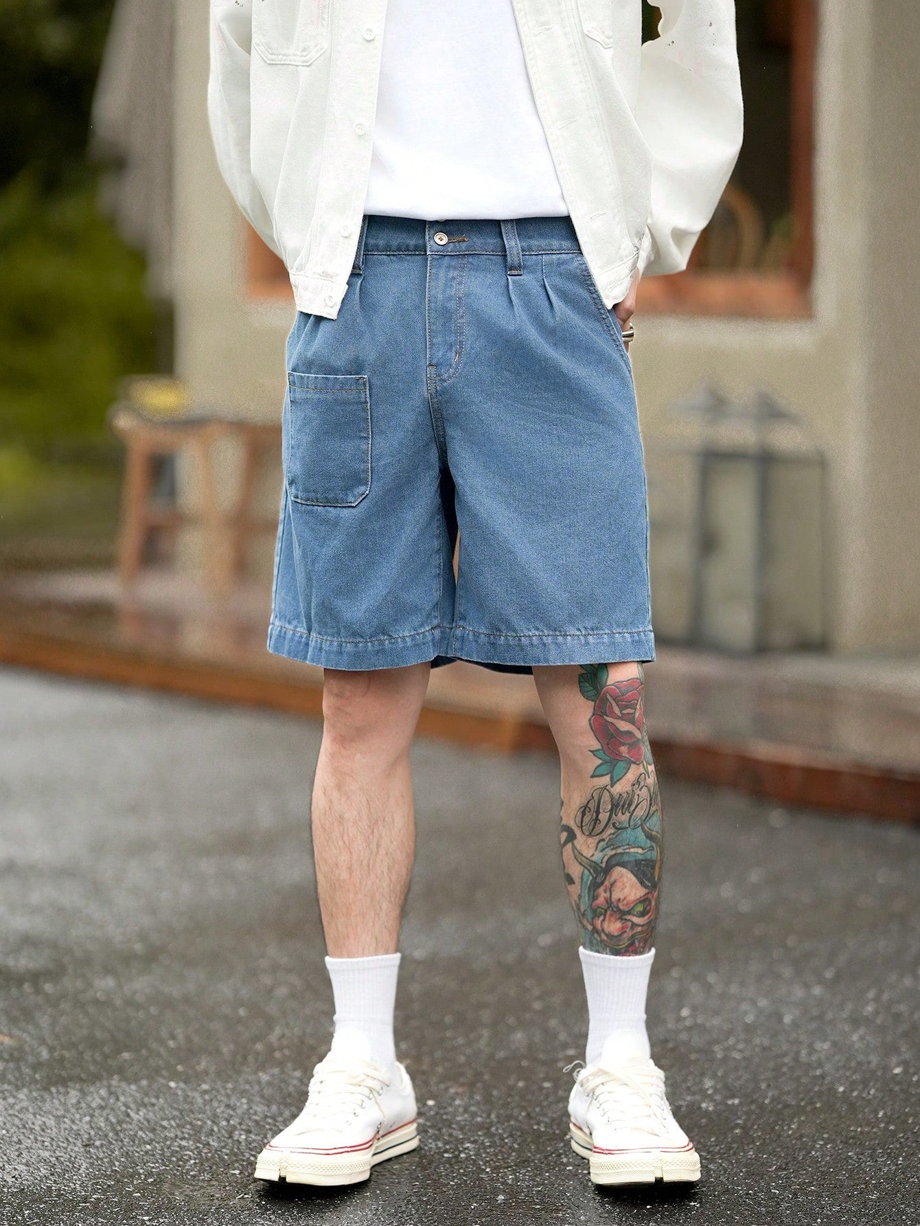 Bermuda Masculina Jeans Com Bolsos E Estilo Retrô Lavagem Clara / PP Bermuda Masculina Jeans Com Bolsos E Estilo Retrô