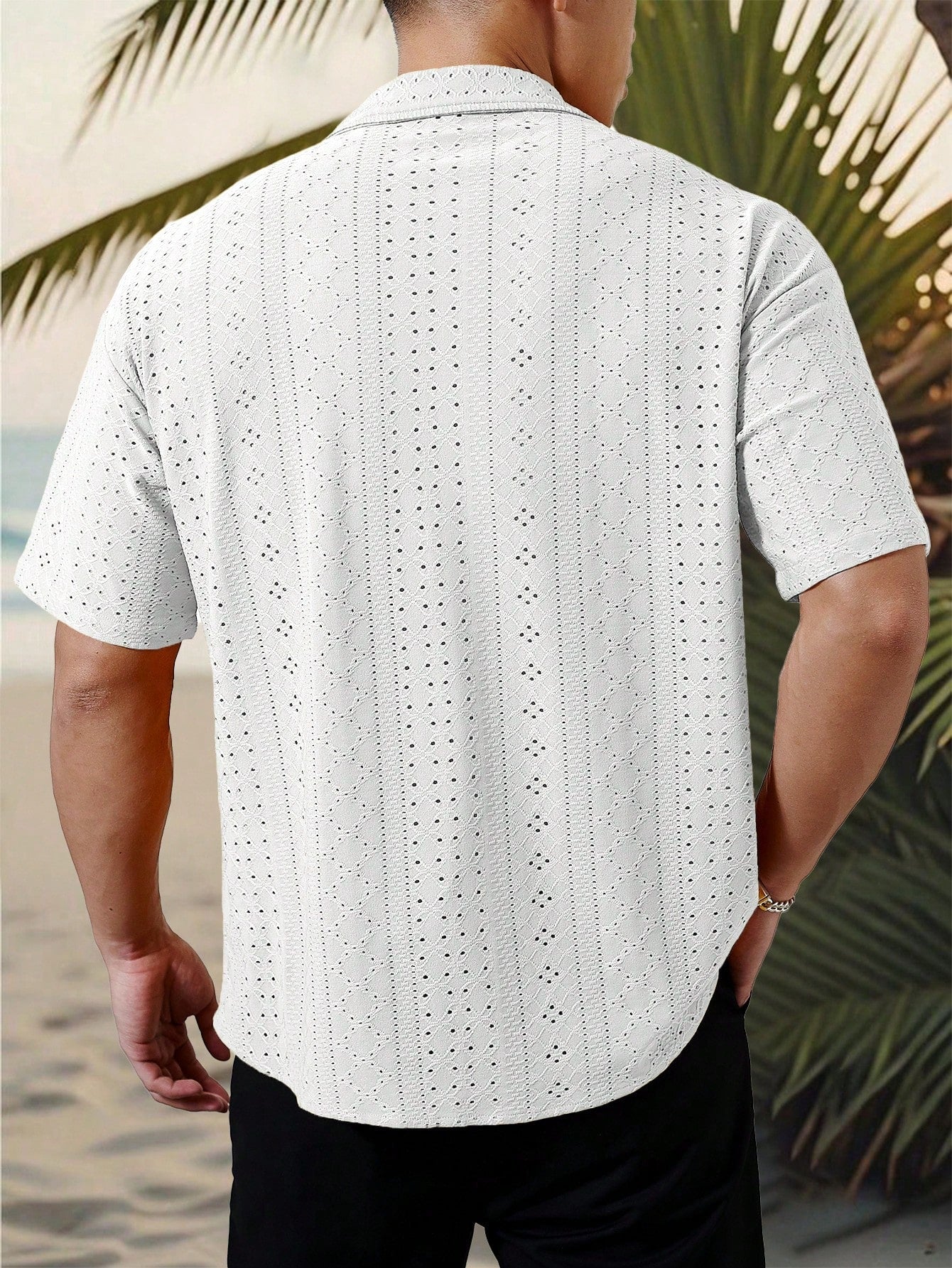 Camisa Masculina De Botão Tecido Vazado Estilo Tropical Camisa Masculina De Botão Tecido Vazado Estilo Tropical