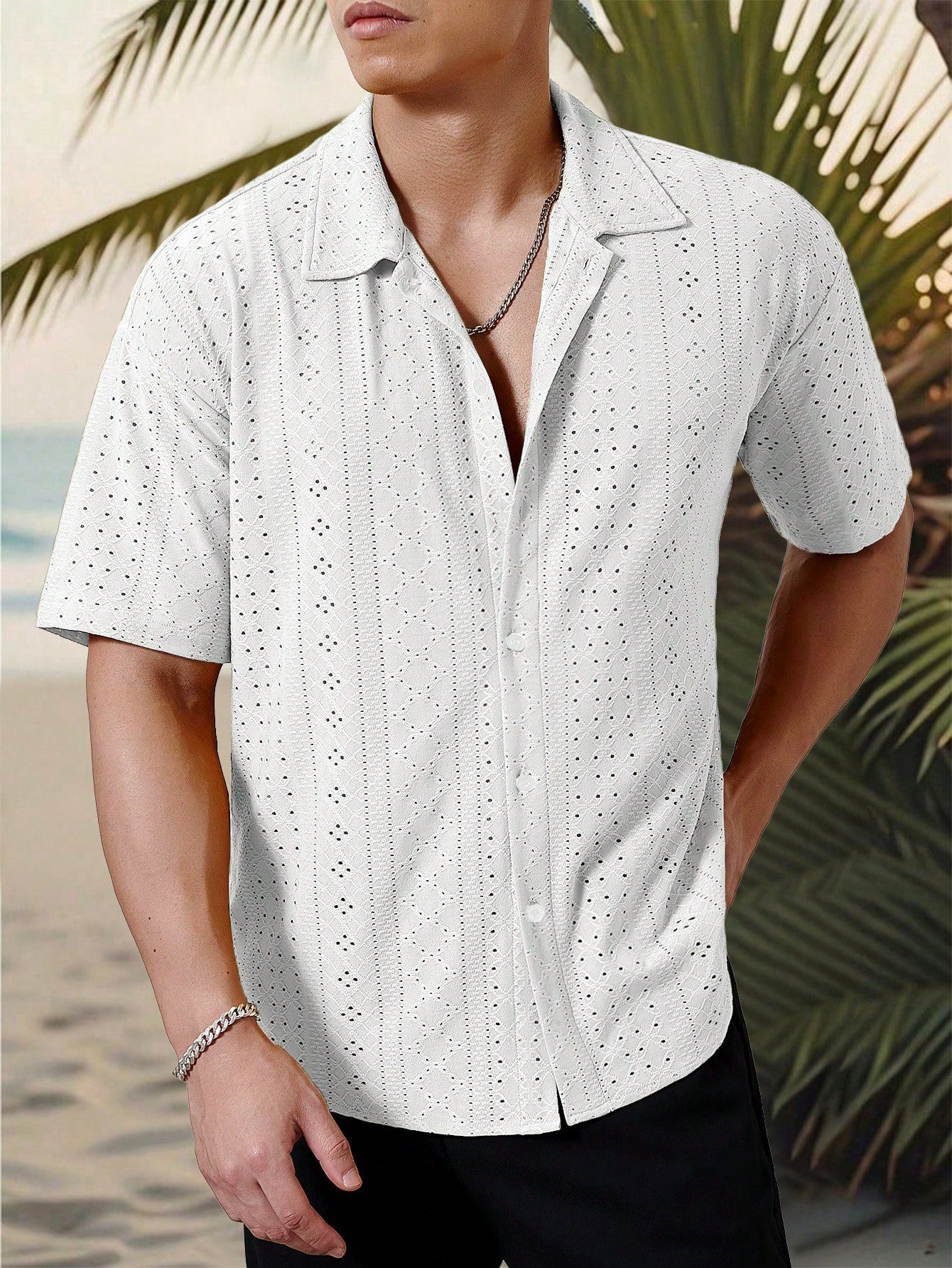 Camisa Masculina De Botão Tecido Vazado Estilo Tropical Camisa Masculina De Botão Tecido Vazado Estilo Tropical