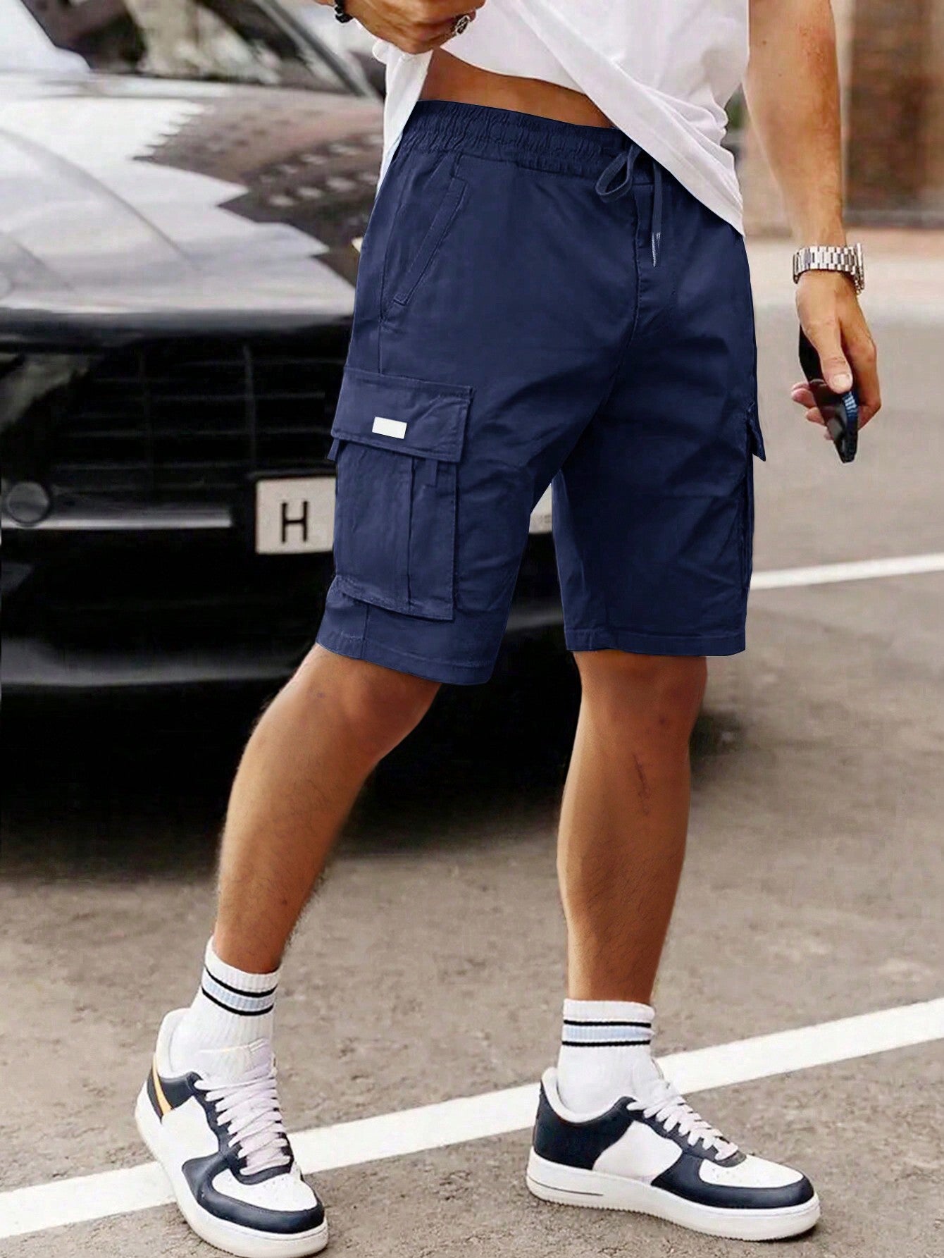 Shorts Masculino Cargo Bolsos Amplos E Cós Elástico Ajustável Azul Marinho / PP Shorts Masculino Cargo Bolsos Amplos E