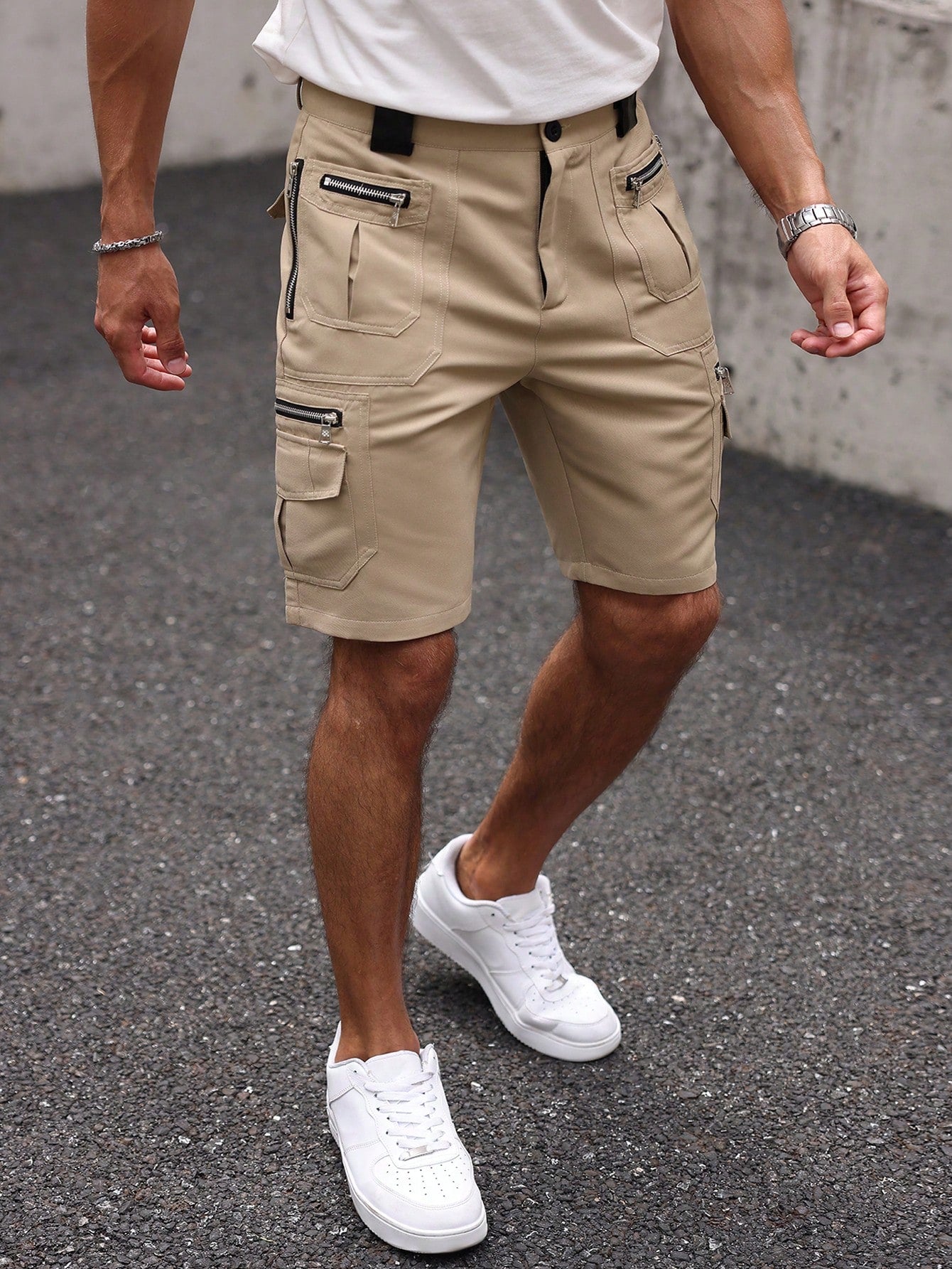 Shorts Masculino Cargo Com Zíperes E Estilo Tático Urbano Shorts Masculino Cargo Com Zíperes E Estilo Tático Urbano