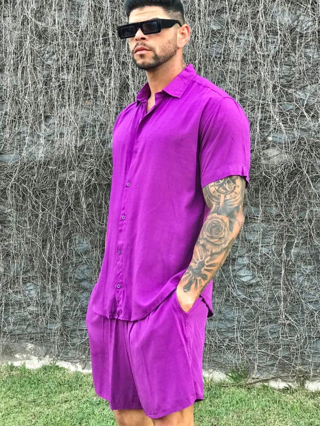 Conjunto Masculino Camisa Manga Curta E Shorts Geométrico Roxo / PP Conjunto Masculino Camisa Manga Curta E Shorts