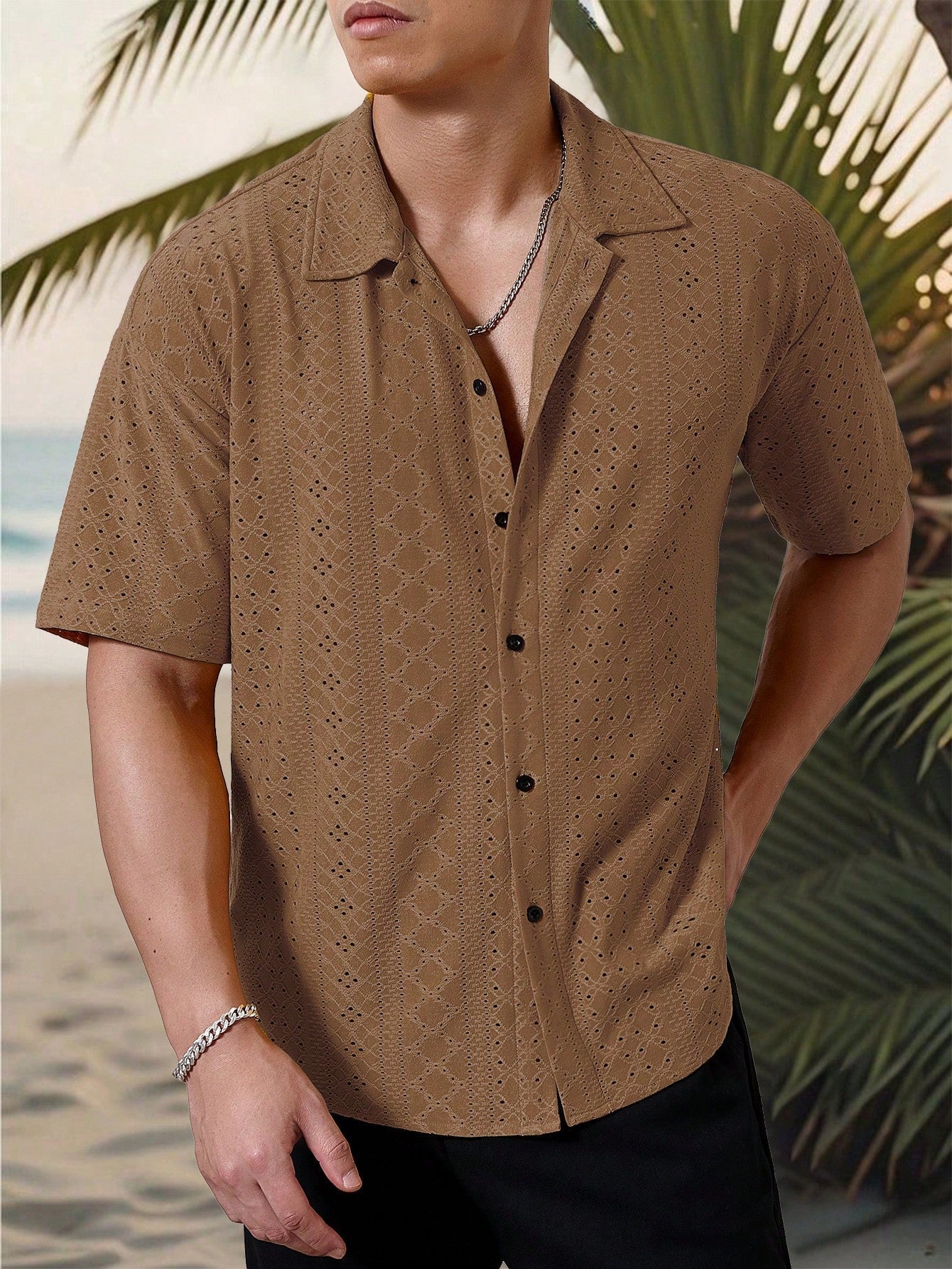 Camisa Masculina De Botão Tecido Vazado Estilo Tropical Camisa Masculina De Botão Tecido Vazado Estilo Tropical