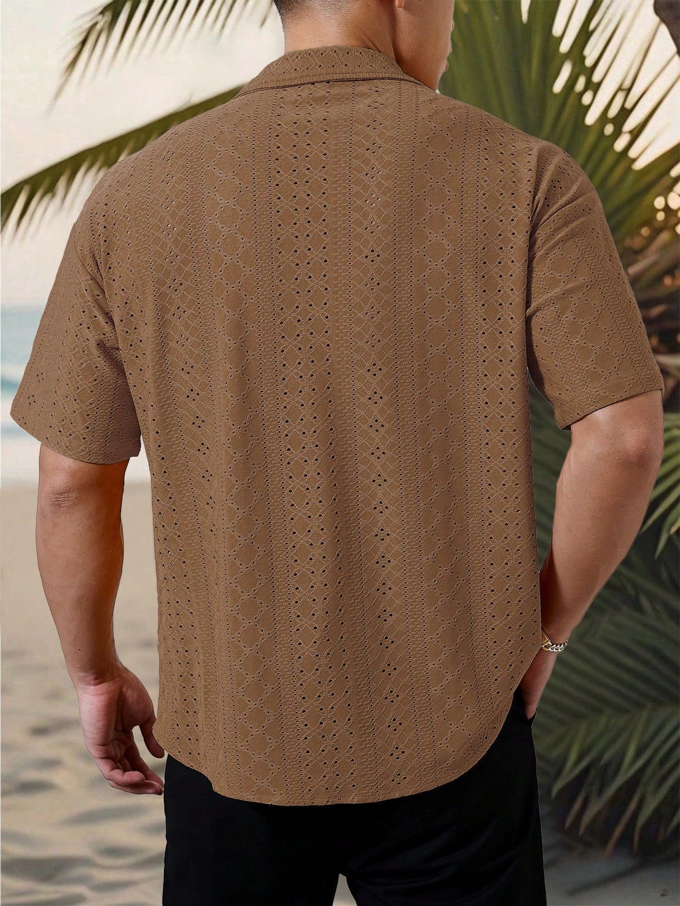 Camisa Masculina De Botão Tecido Vazado Estilo Tropical Camisa Masculina De Botão Tecido Vazado Estilo Tropical