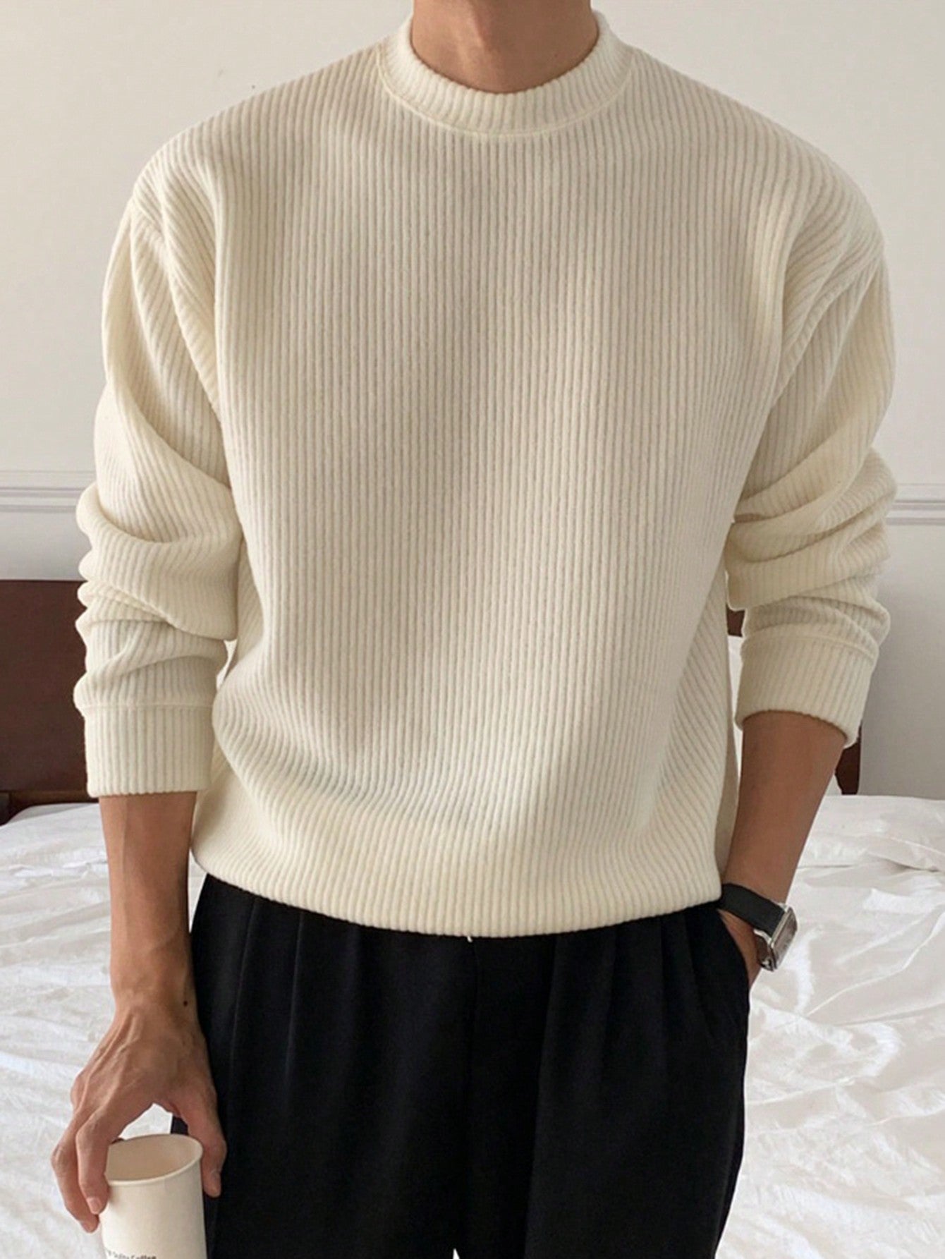 Suéter Masculino Gola Canelada Textura Casual Bege / PP Suéter Masculino Gola Canelada Textura Casual