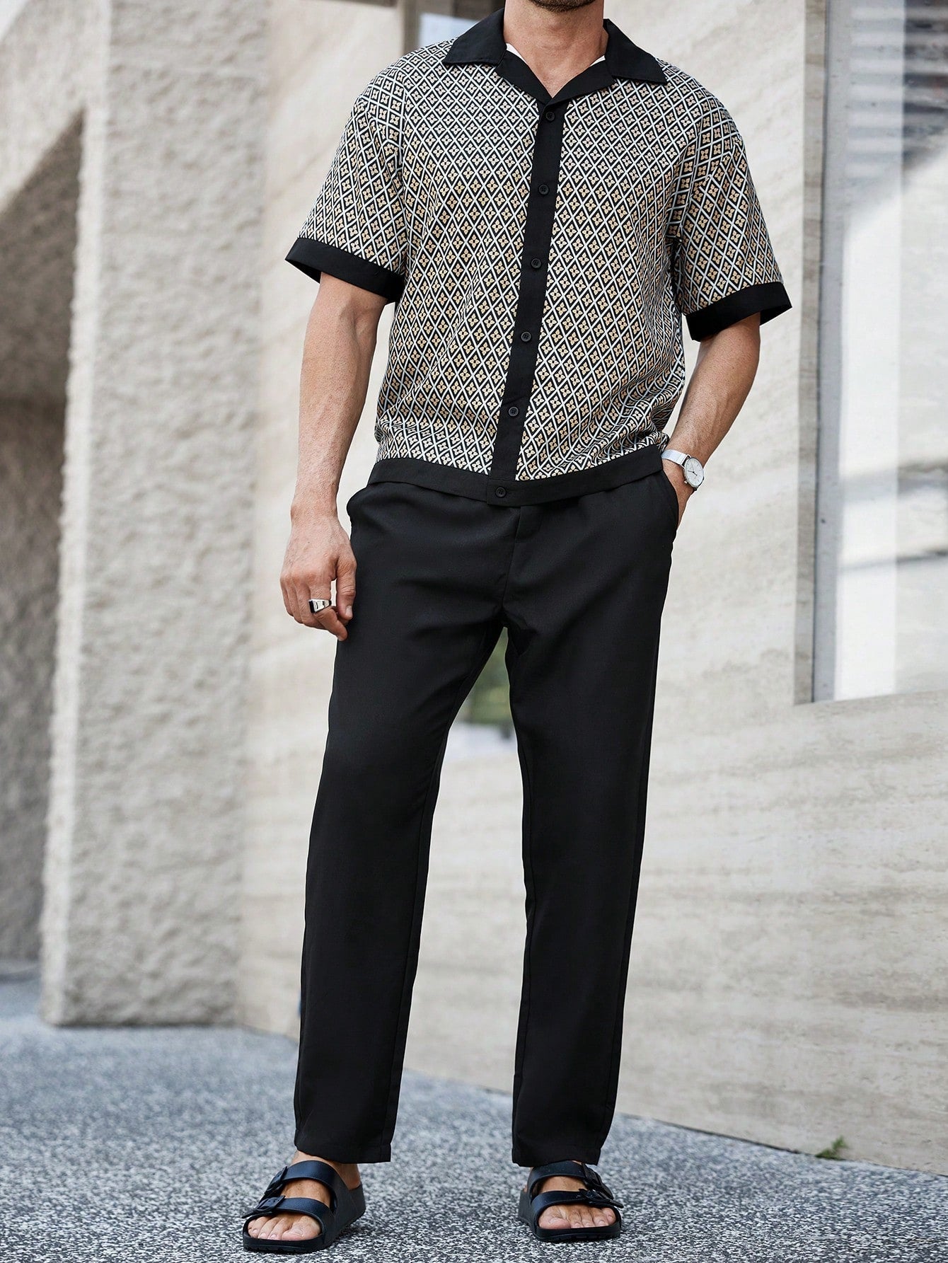 Conjunto Masculino Camisa Estampada E Calça Elegante E Leve Preto / PP Conjunto Masculino Camisa Estampada E Calça