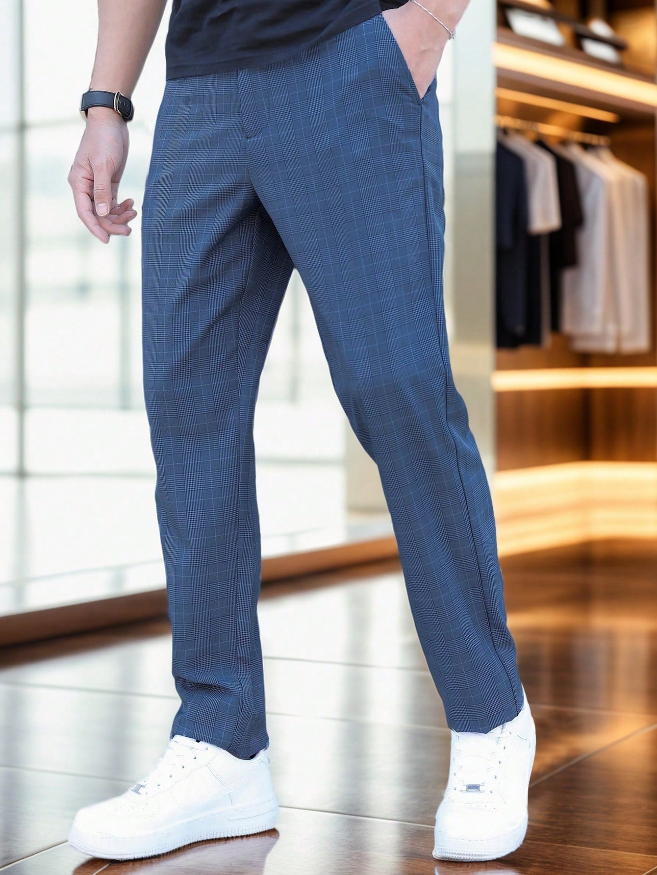 Calça Masculina Alfaiataria Slim Fit Com Estampa Pied Poule Moderna Azul Marinho / PP Calça Masculina Alfaiataria Slim