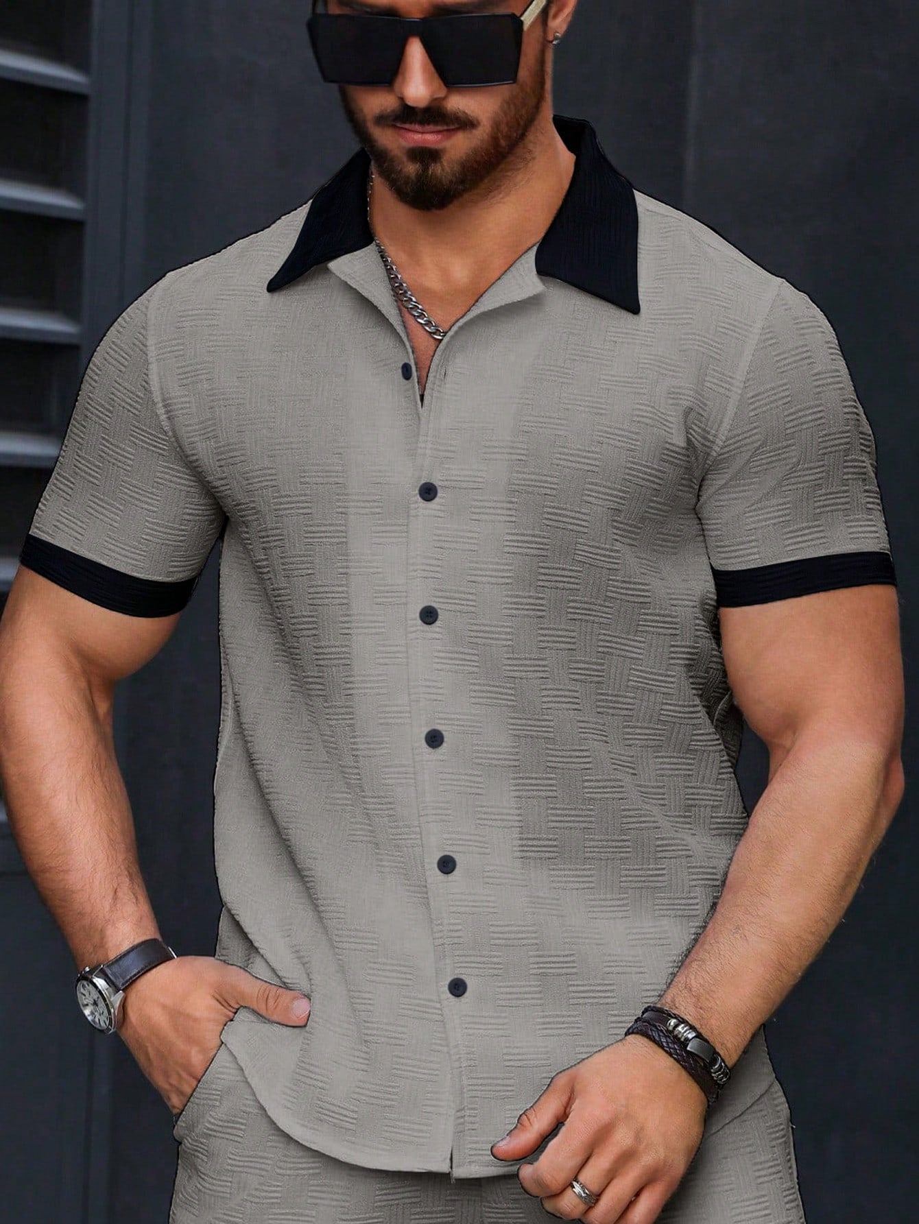 Camisa Masculina De Botão Gola Contrastante Textura Nobre Camisa Masculina De Botão Gola Contrastante Textura Nobre