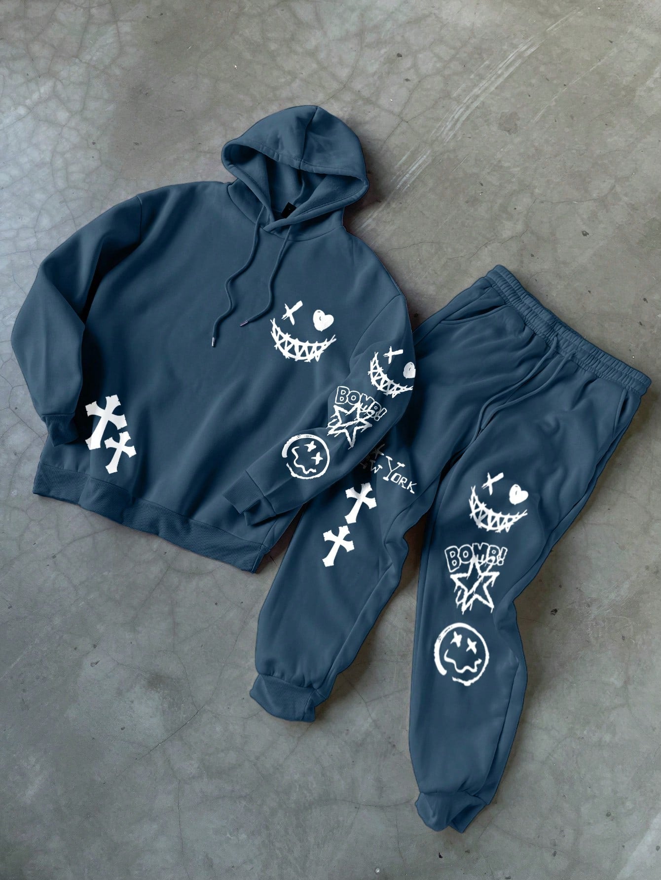 Conjunto Masculino Moletom Estilo Street Com Estampas Urbanas Azul / PP Conjunto Masculino Moletom Estilo Street Com