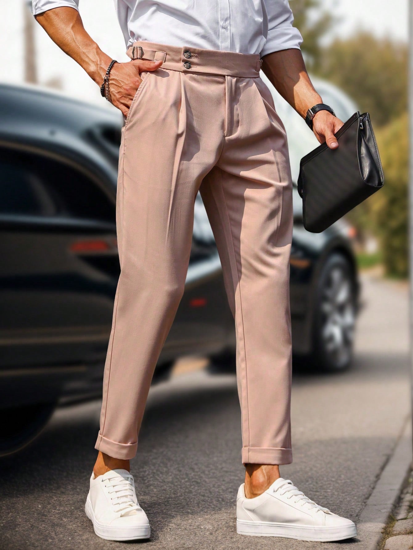 Calça Masculina Alfaiataria Com Cintura Alta E Detalhes De Pregas Rosa Pink / PP Calça Masculina Alfaiataria Com