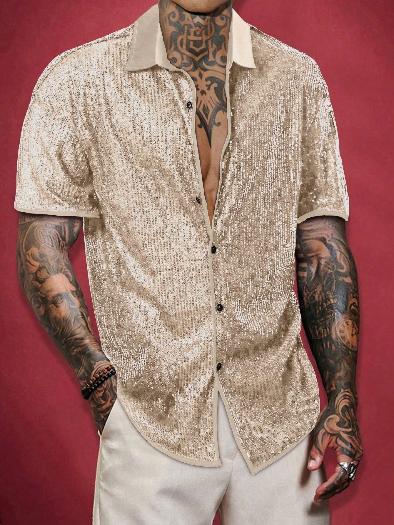 Camisa Masculina De Botão Brilho Intenso Visual Festivo Bege / PP Camisa Masculina De Botão Brilho Intenso Visual