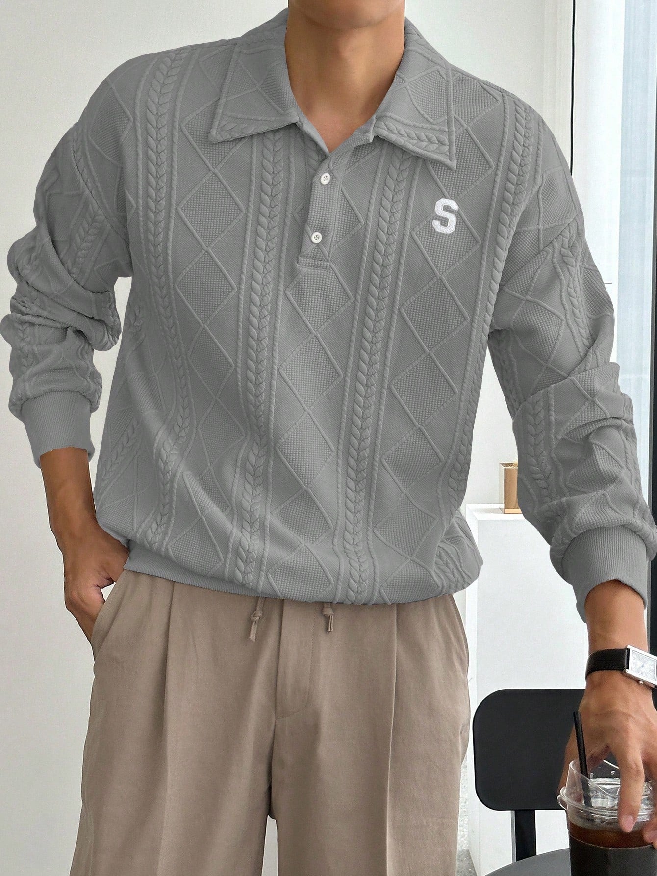 Moletom Masculino Texturizado Com Gola Polo Moletom Masculino Texturizado Com Gola Polo