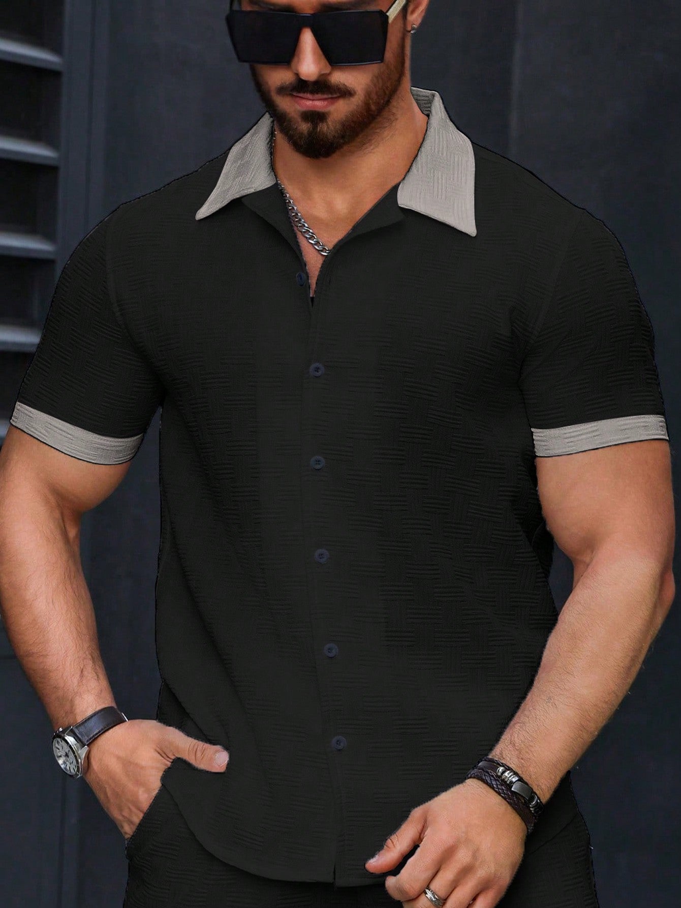 Camisa Masculina De Botão Gola Contrastante Textura Nobre Camisa Masculina De Botão Gola Contrastante Textura Nobre