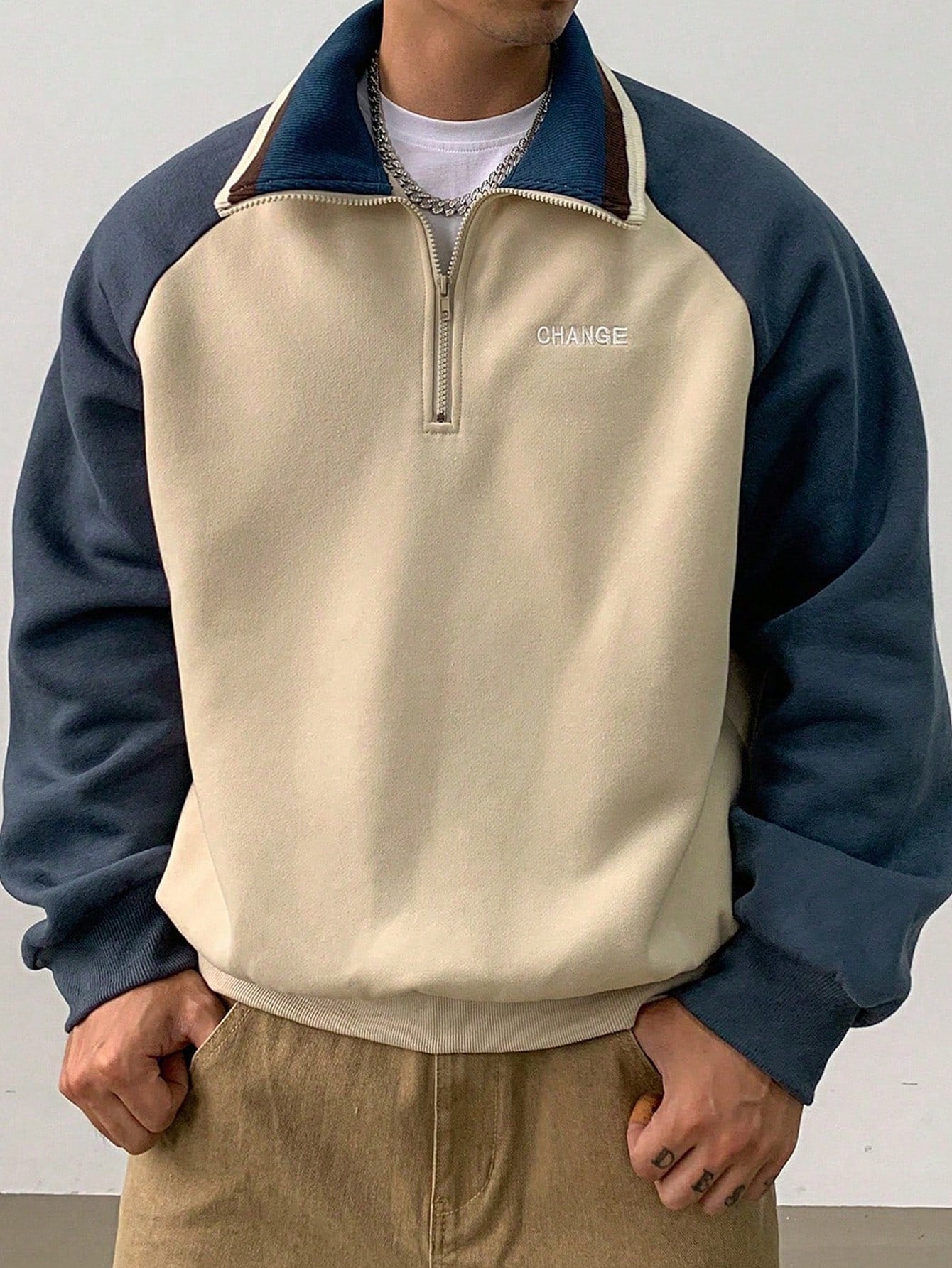 Moletom Masculino Bicolor Com Zíper Gola Alta Azul / PP Moletom Masculino Bicolor Com Zíper Gola Alta