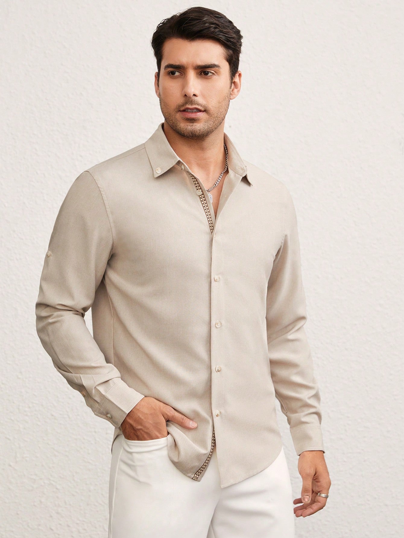 Camisa Masculina Manga Longa Caimento Elegante Bege / PP Camisa Masculina Manga Longa Caimento Elegante