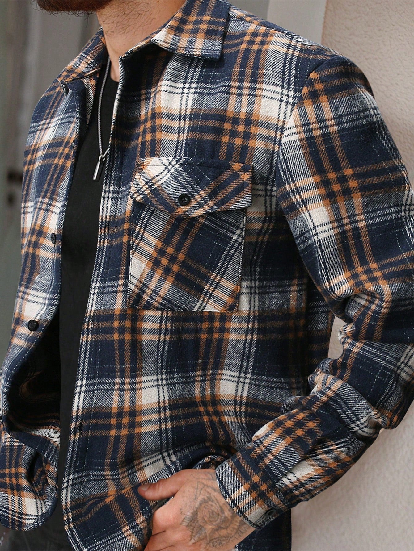 Moletom Masculino Xadrez Estilo Shacket Com Bolsos Utilitários Azul Marinho / PP Moletom Masculino Xadrez Estilo