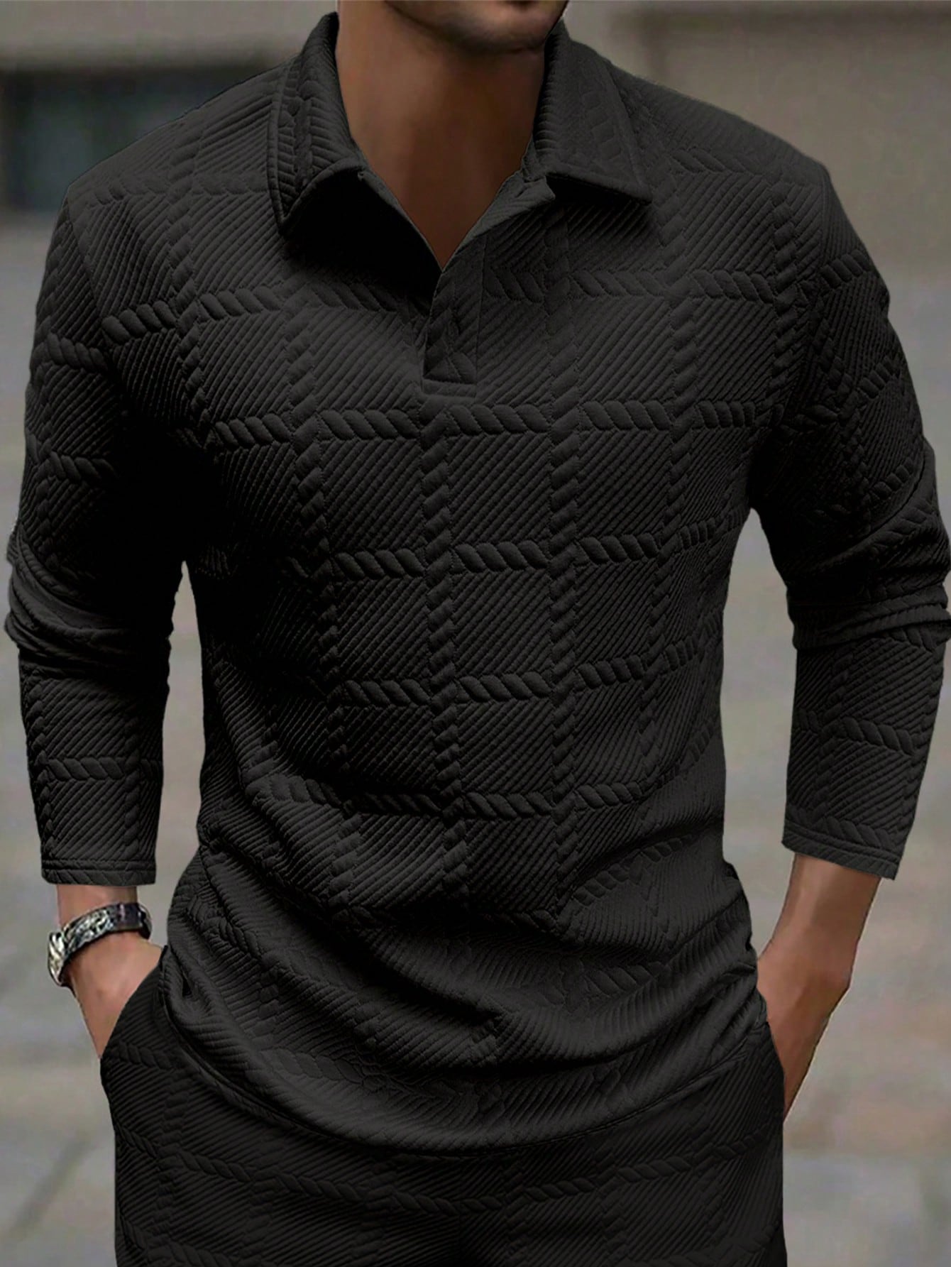 Camisa Polo Masculina Manga Longa Tecido Jacquard Botões Camisa Polo Masculina Manga Longa Tecido Jacquard Botões