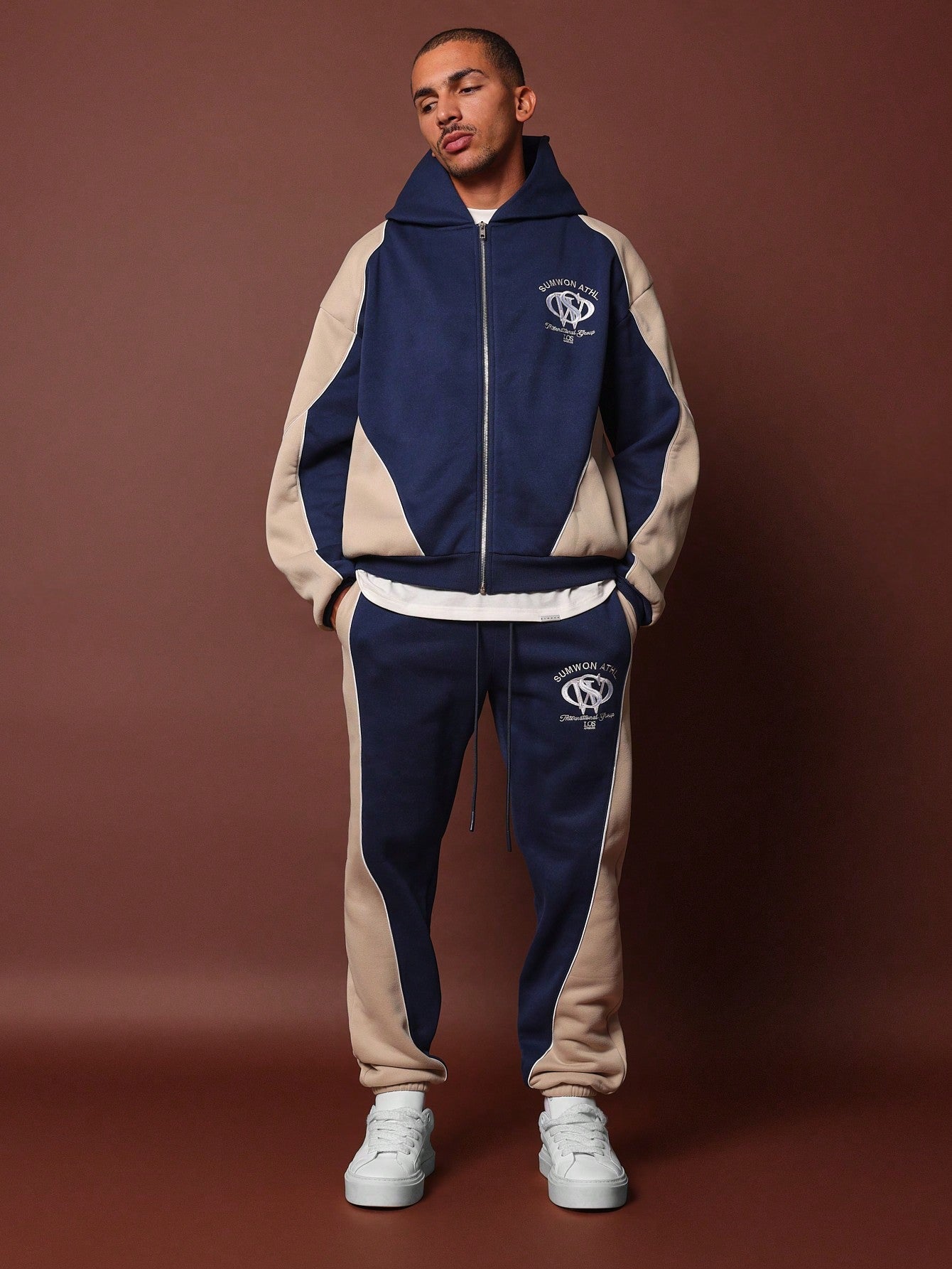 Conjunto Masculino Moletom Com Zíper E Calça Jogger Casual Azul Marinho / PP Conjunto Masculino Moletom Com Zíper E