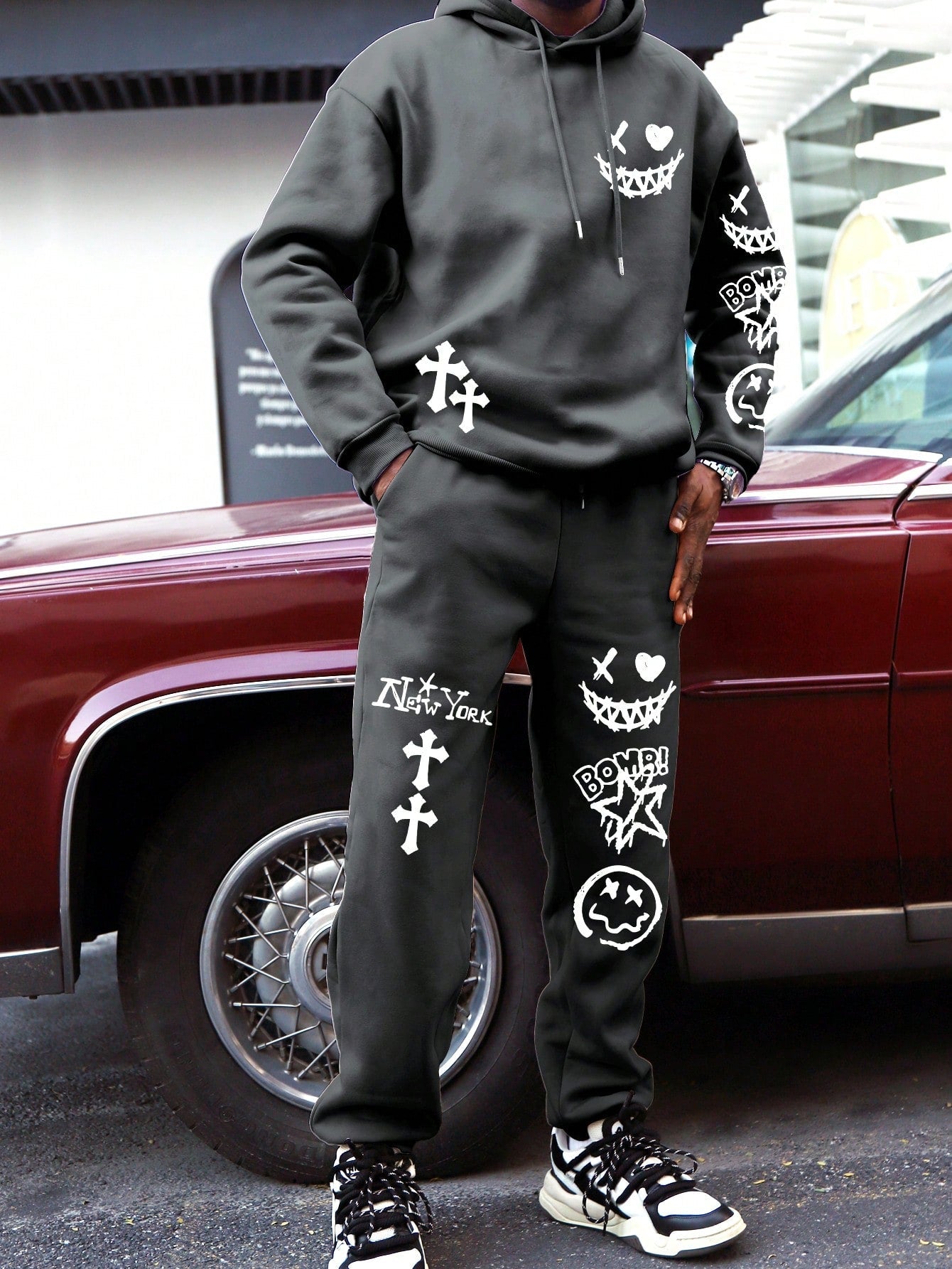 Conjunto Masculino Moletom Estilo Street Com Estampas Urbanas Chumbo / PP Conjunto Masculino Moletom Estilo Street Com