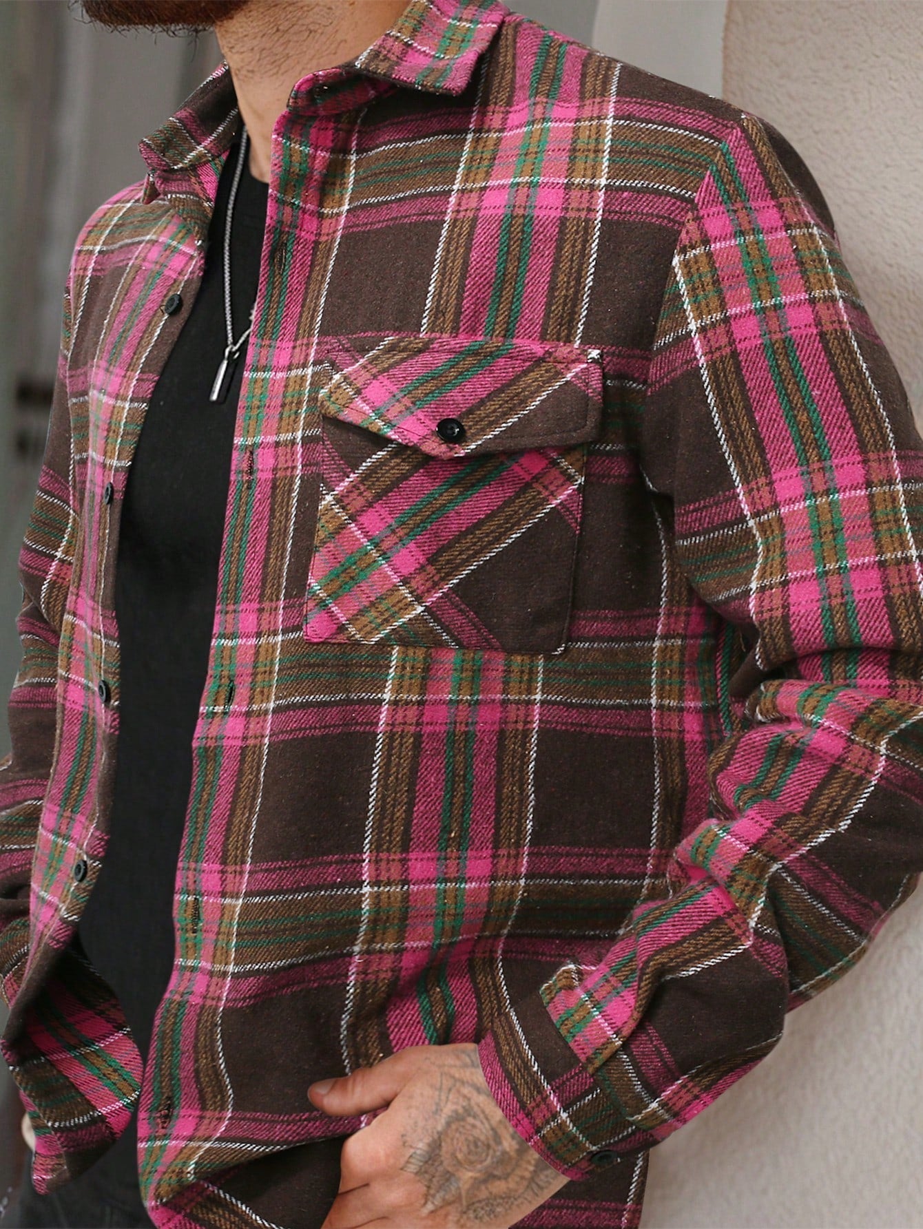 Moletom Masculino Xadrez Estilo Shacket Com Bolsos Utilitários Rosa Pink / PP Moletom Masculino Xadrez Estilo Shacket