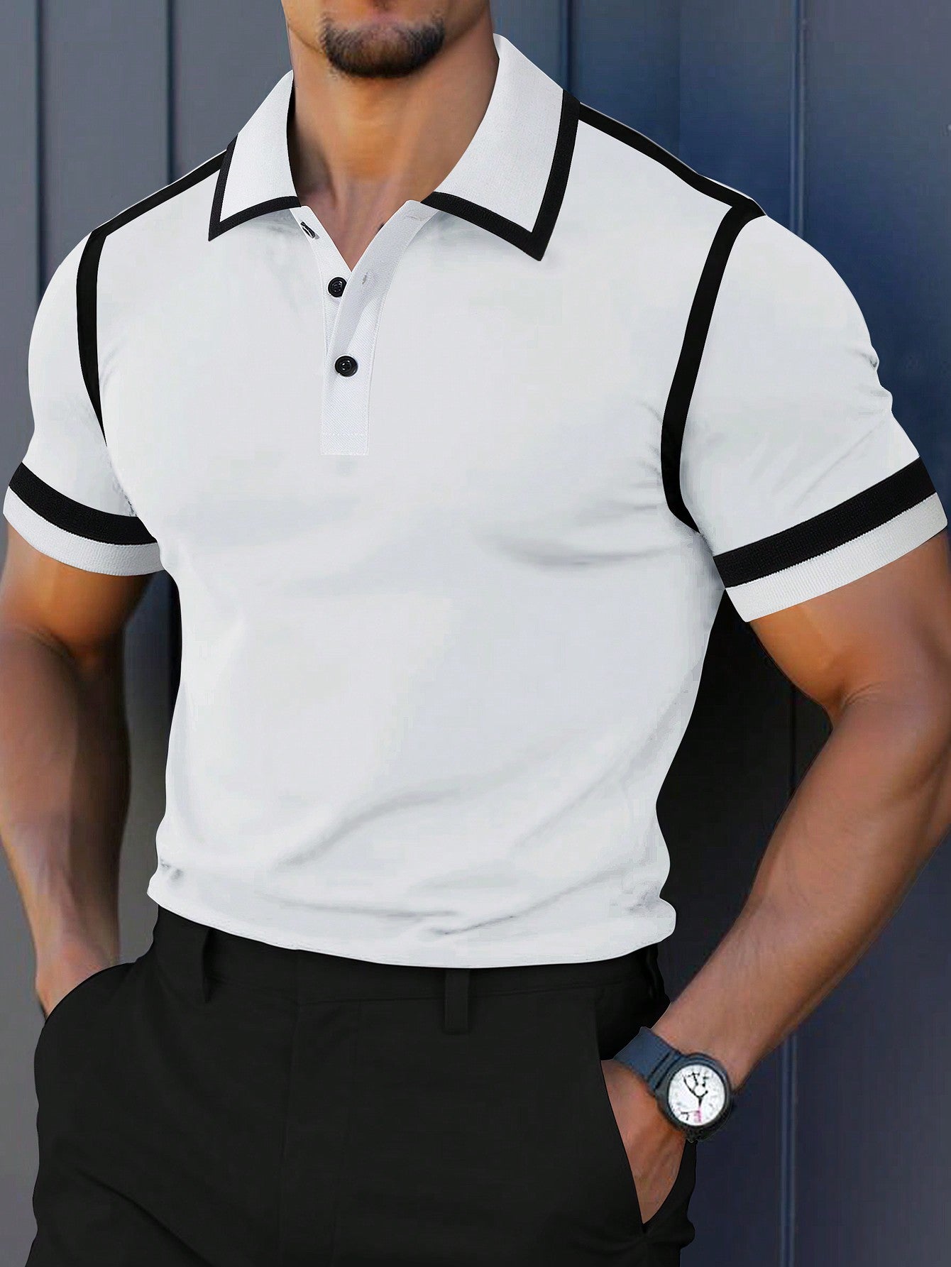 Camisa Polo Masculina Casual Botões Design Color Block Branco / PP Camisa Polo Masculina Casual Botões Design Color