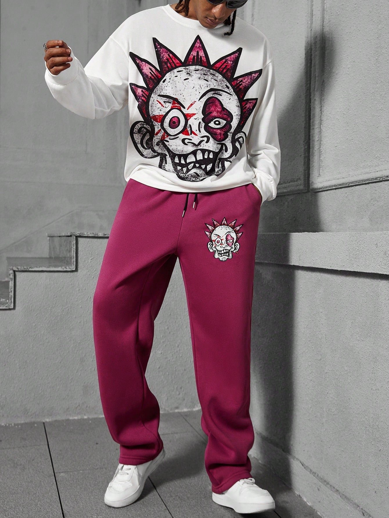Conjunto Masculino Moletom Estampa Desenho E Calça Jogger Cós Ajustável Rosa / PP Conjunto Masculino Moletom Estampa