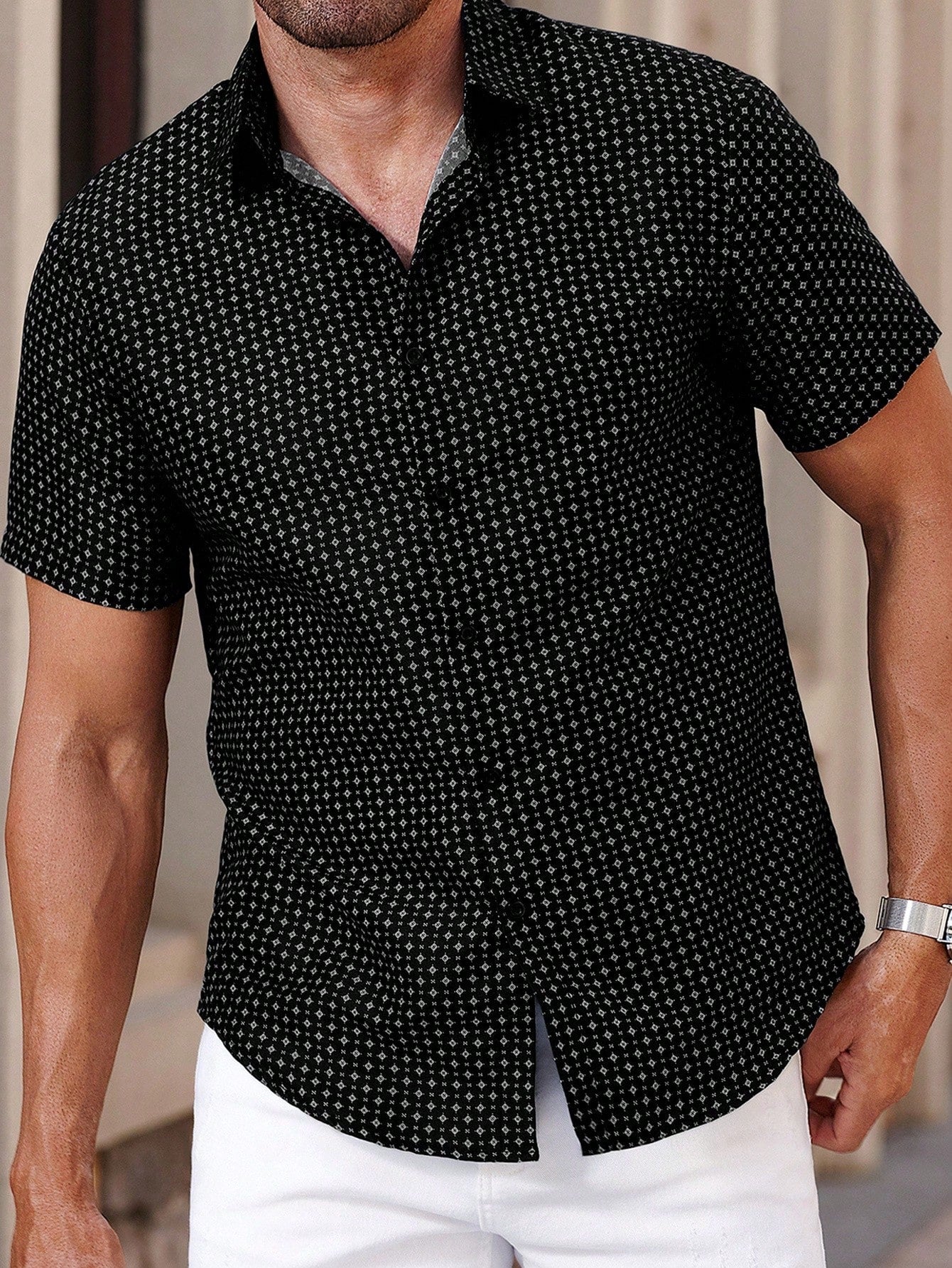 Camisa Masculina De Botão Slim Estampa Discreta Estilo Urbano Preto / PP Camisa Masculina De Botão Slim Estampa