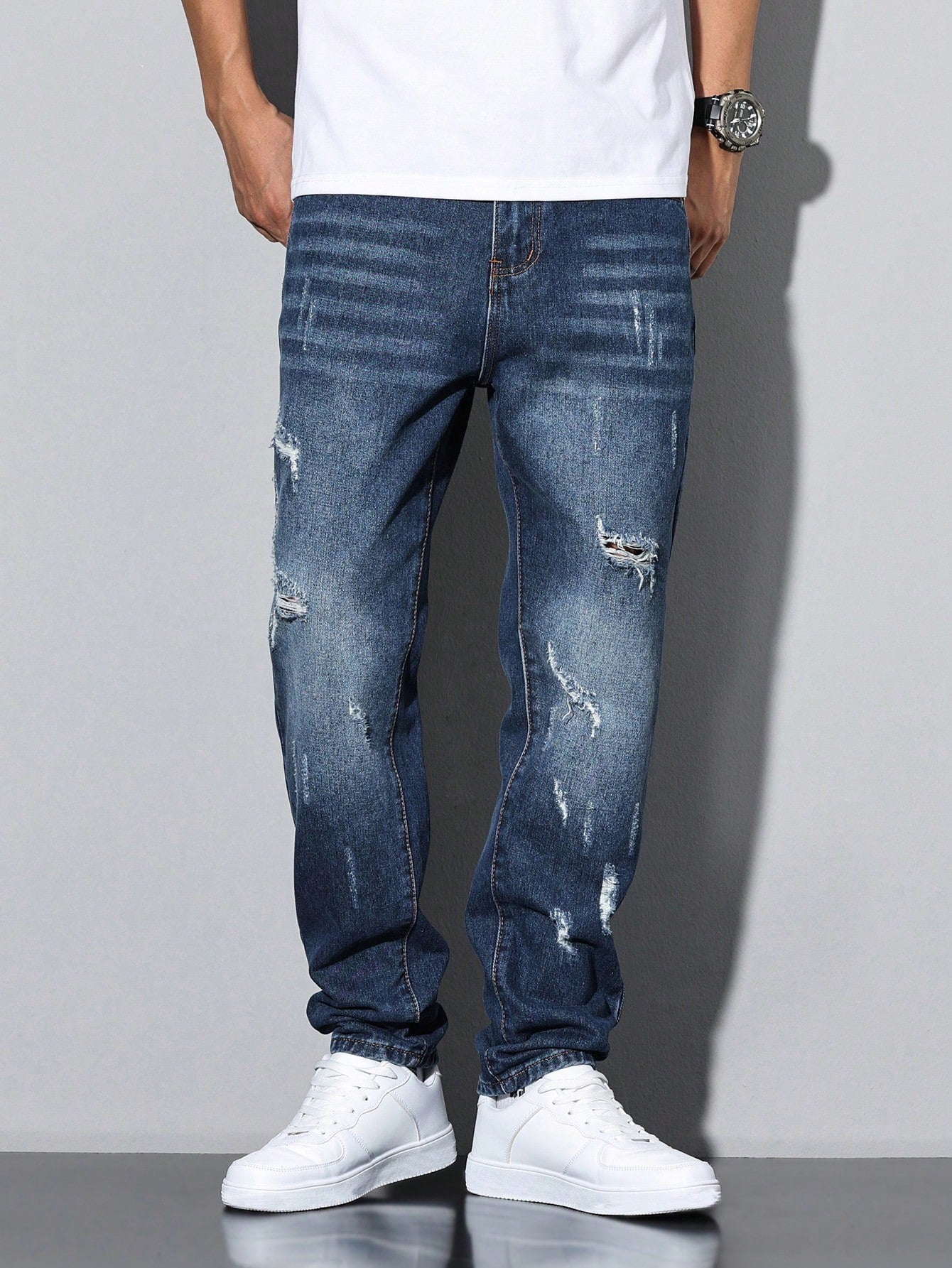 Calça Masculina Jeans Com Rasgos Discretos E Design Casual Despojado Calça Masculina Jeans Com Rasgos Discretos E