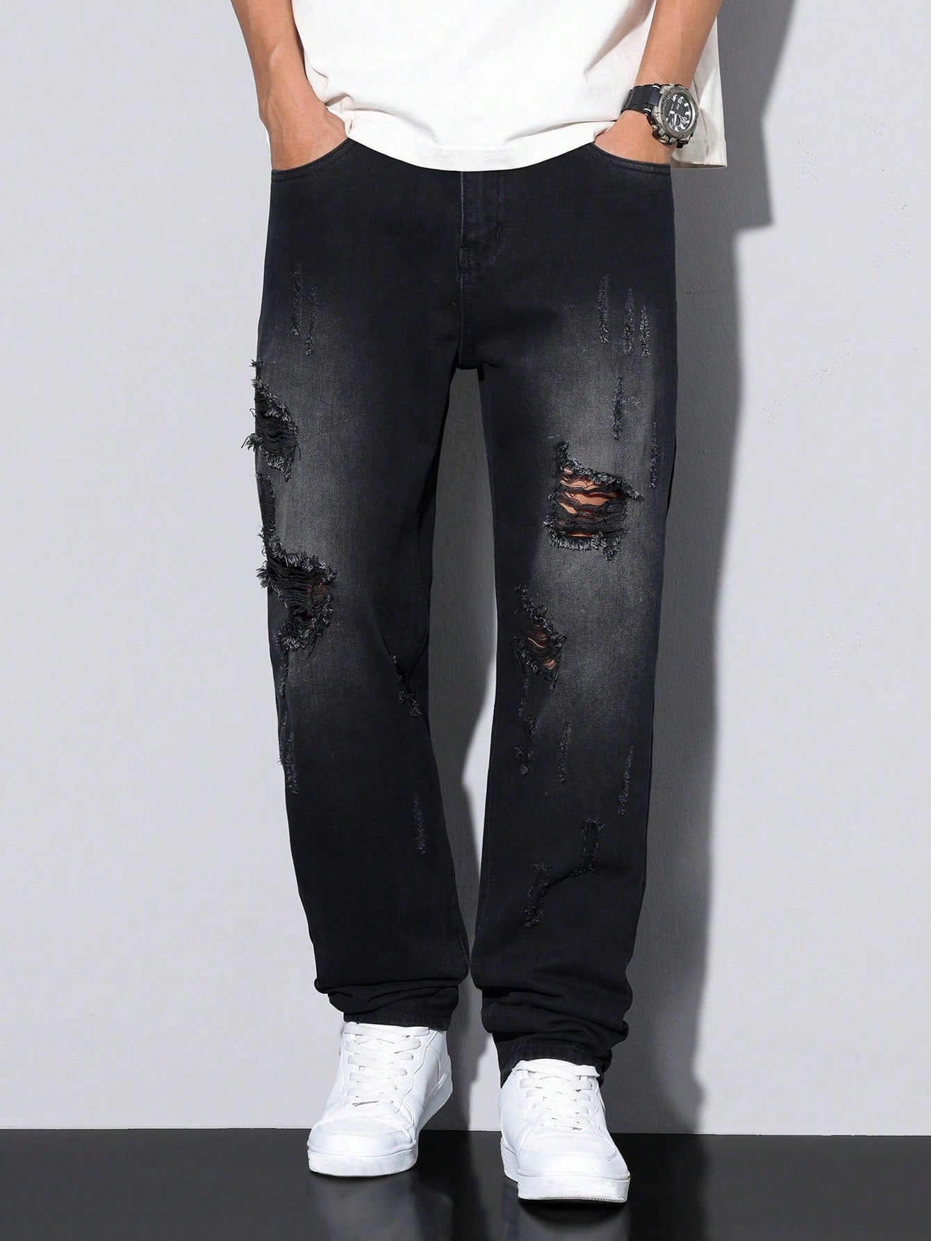 Calça Masculina Jeans Com Rasgos Discretos E Design Casual Despojado Calça Masculina Jeans Com Rasgos Discretos E