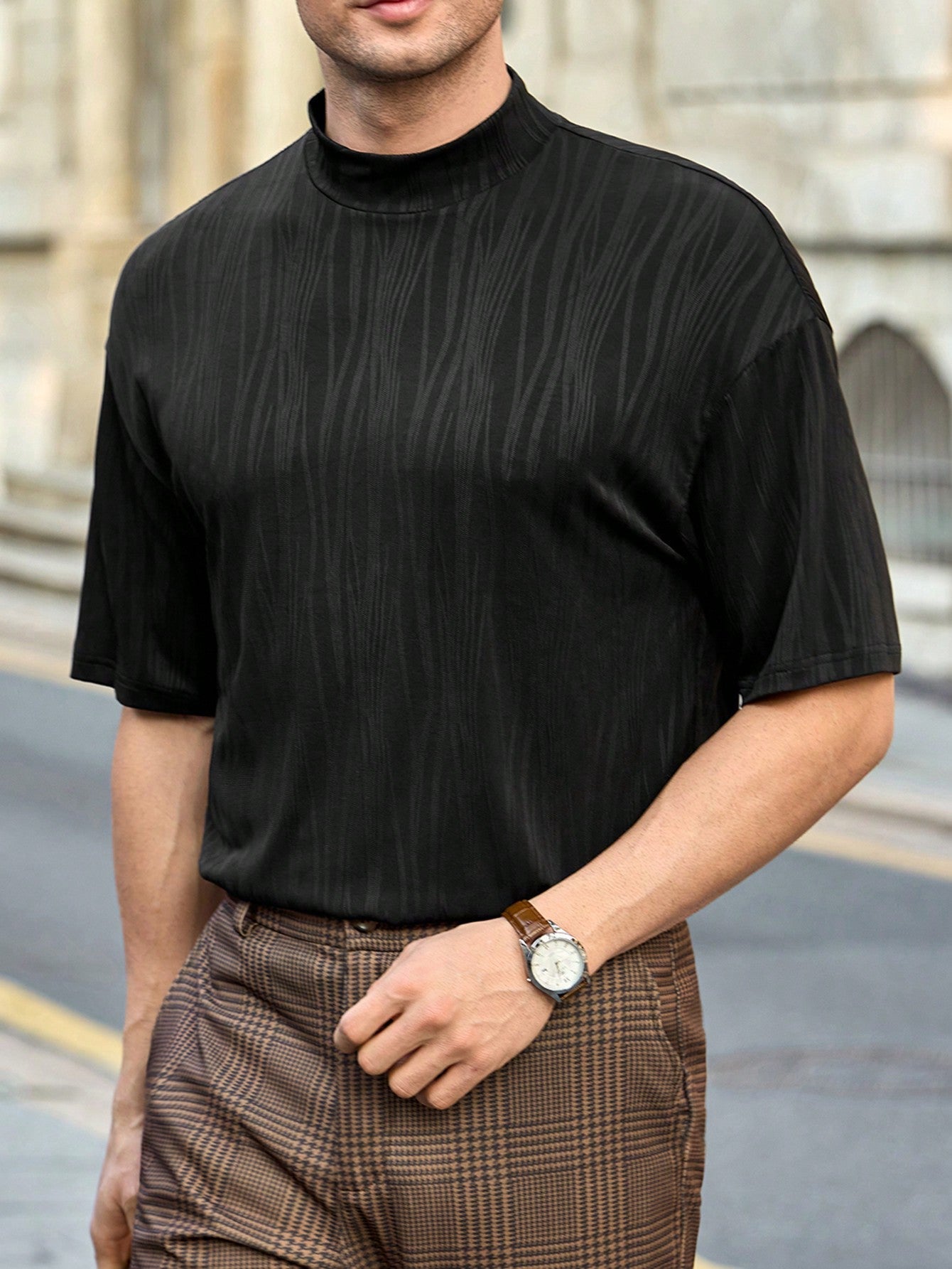 Camisa Masculina Slim Gola Alta Textura Elegante Camisa Masculina Slim Gola Alta Textura Elegante