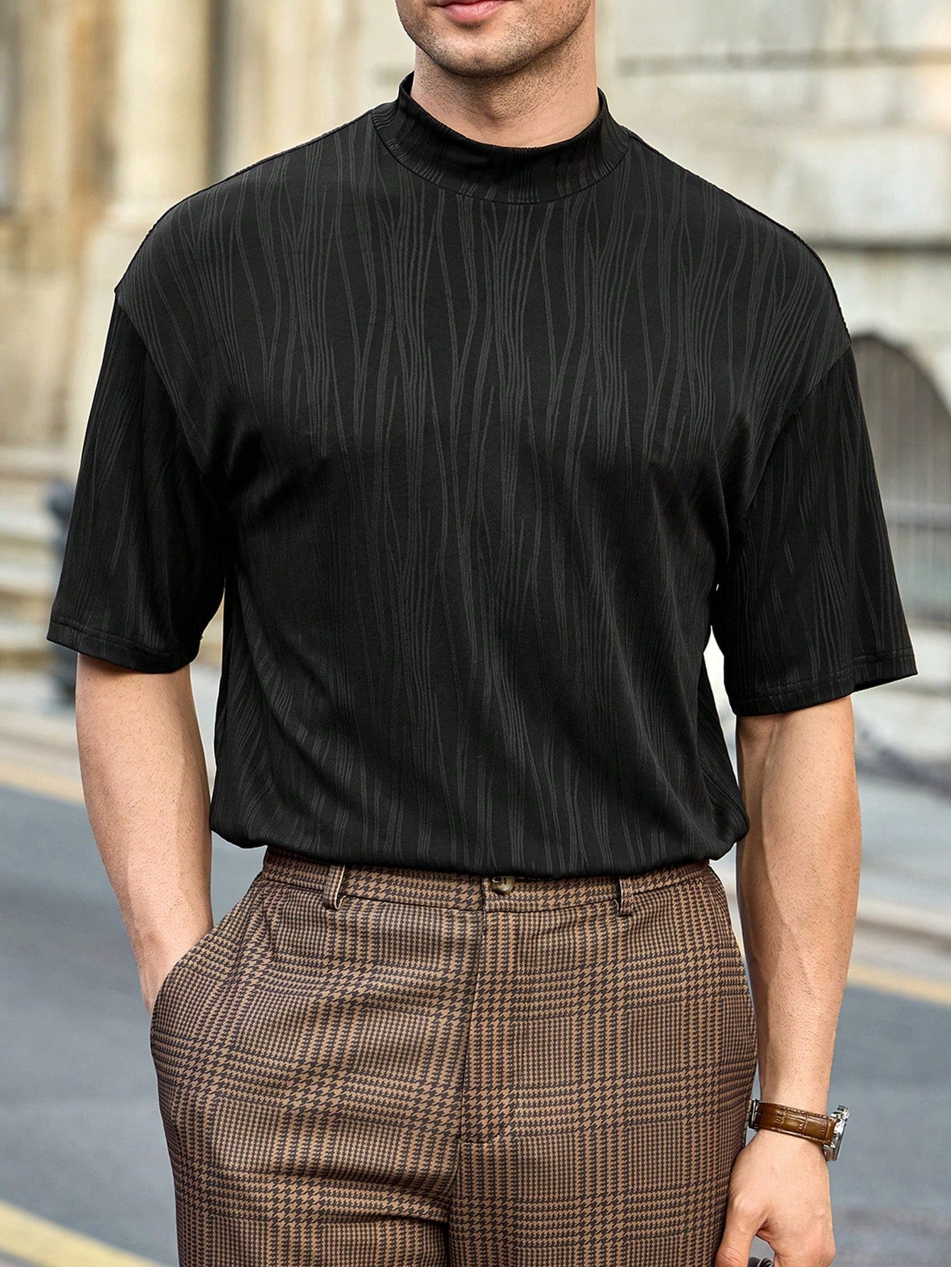 Camisa Masculina Slim Gola Alta Textura Elegante Camisa Masculina Slim Gola Alta Textura Elegante