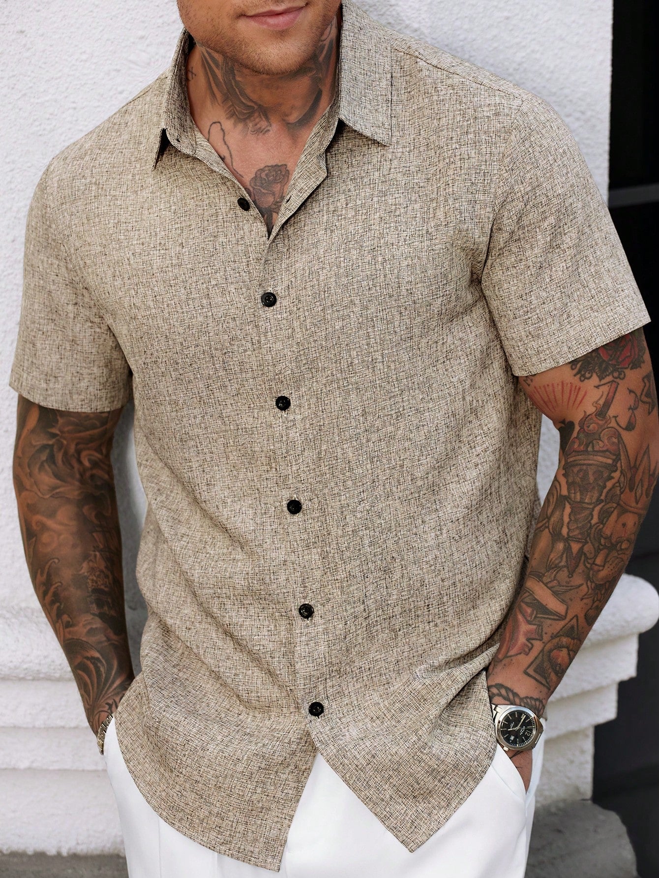 Camisa Masculina De Botão Estampa Texturizada Corte Slim Caqui / PP Camisa Masculina De Botão Estampa Texturizada Corte