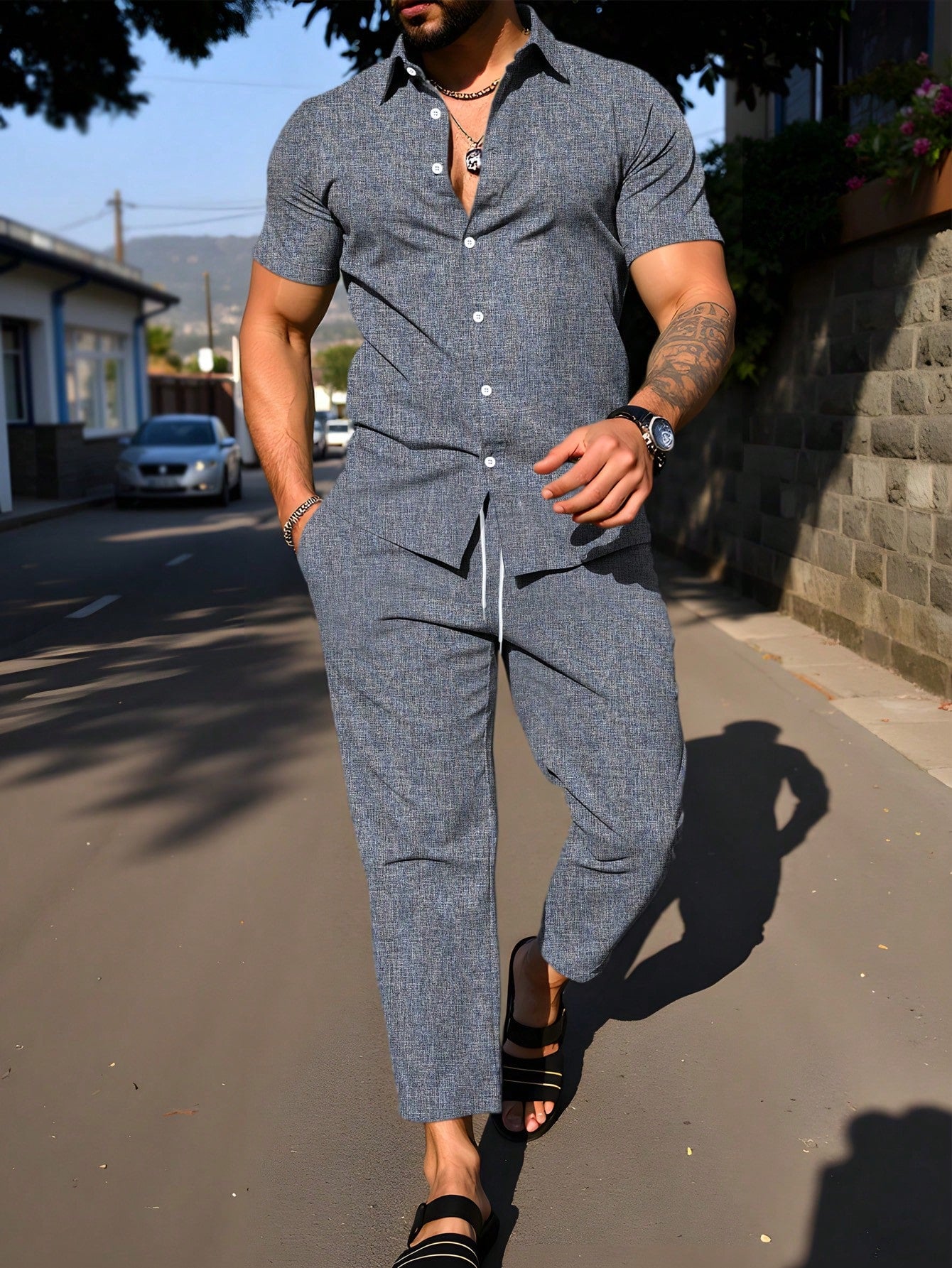 Conjunto Masculino Camisa Manga Curta E Calça Leve Casual Cinza / PP Conjunto Masculino Camisa Manga Curta E Calça Leve