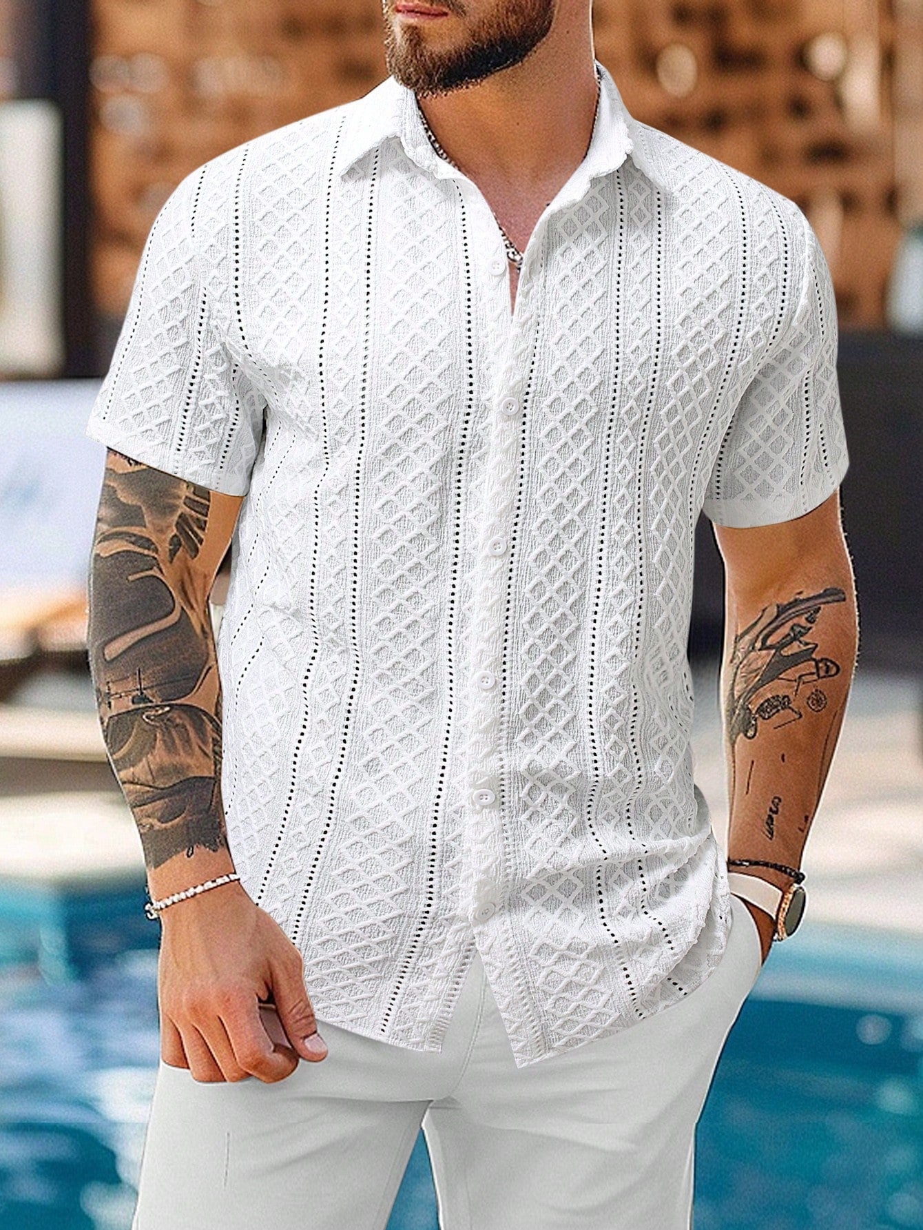 Camisa Masculina De Botão Textura Geométrica Branco / PP Camisa Masculina De Botão Textura Geométrica