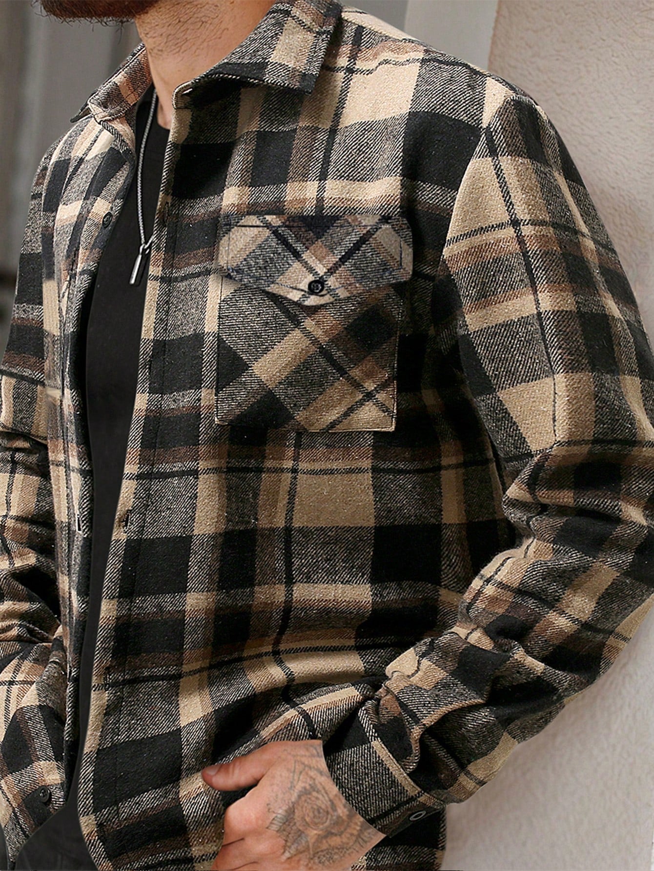 Moletom Masculino Xadrez Estilo Shacket Com Bolsos Utilitários Bege / PP Moletom Masculino Xadrez Estilo Shacket Com