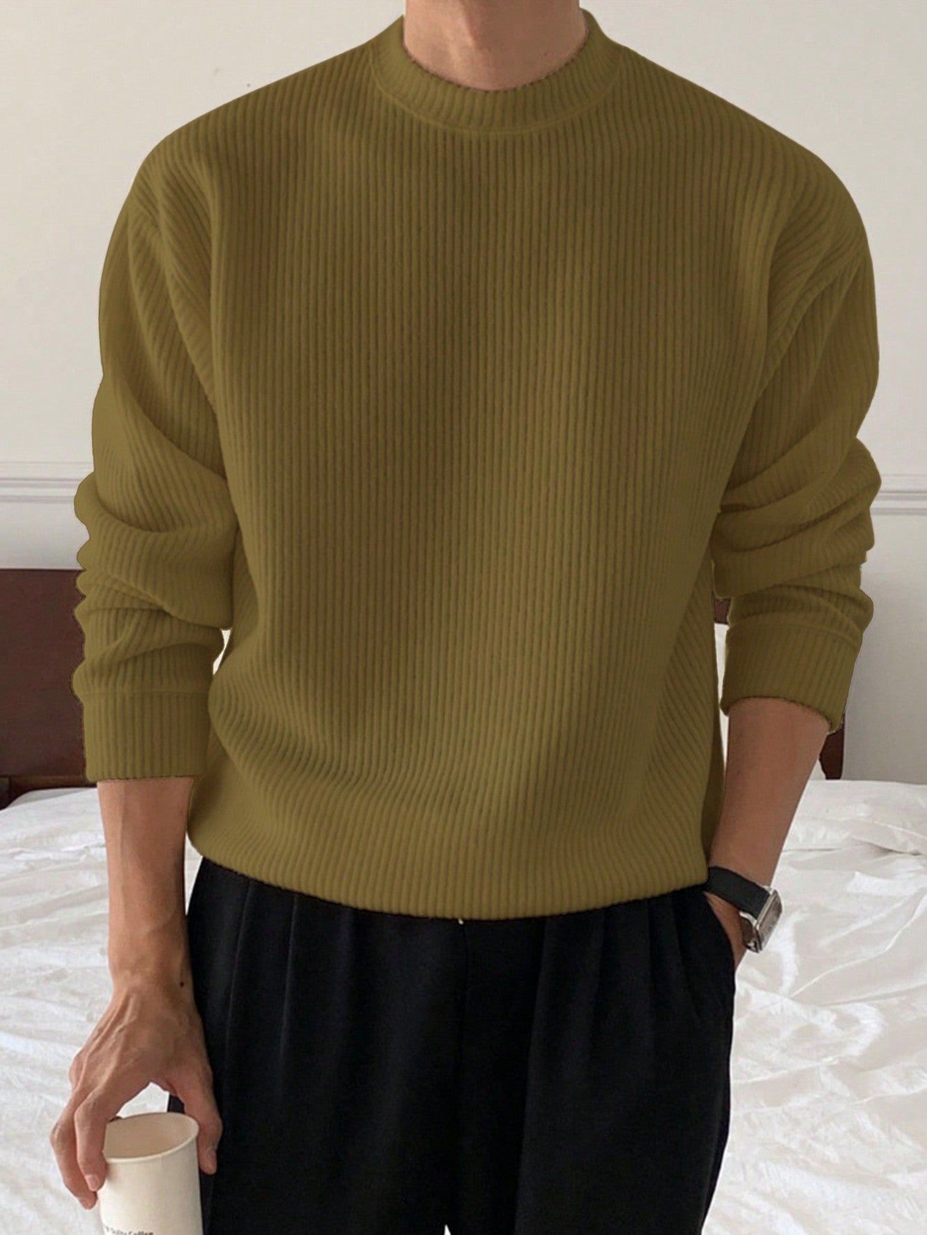 Suéter Masculino Gola Canelada Textura Casual Verde Militar / PP Suéter Masculino Gola Canelada Textura Casual