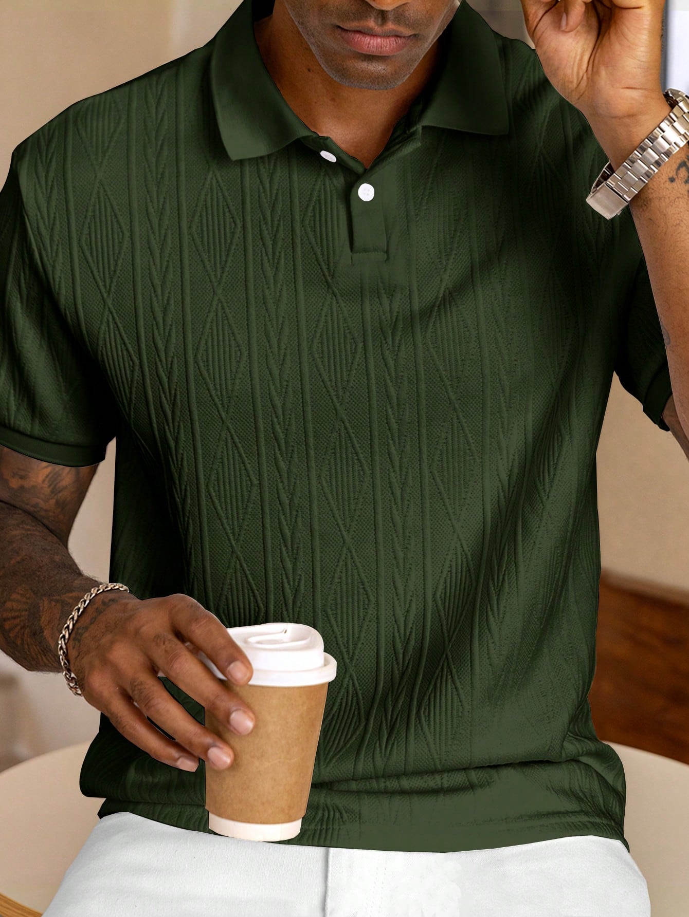 Camisa Polo Masculina Casual Design Texturizado Gola Tradicional Verde Militar / PP Camisa Polo Masculina Casual Design