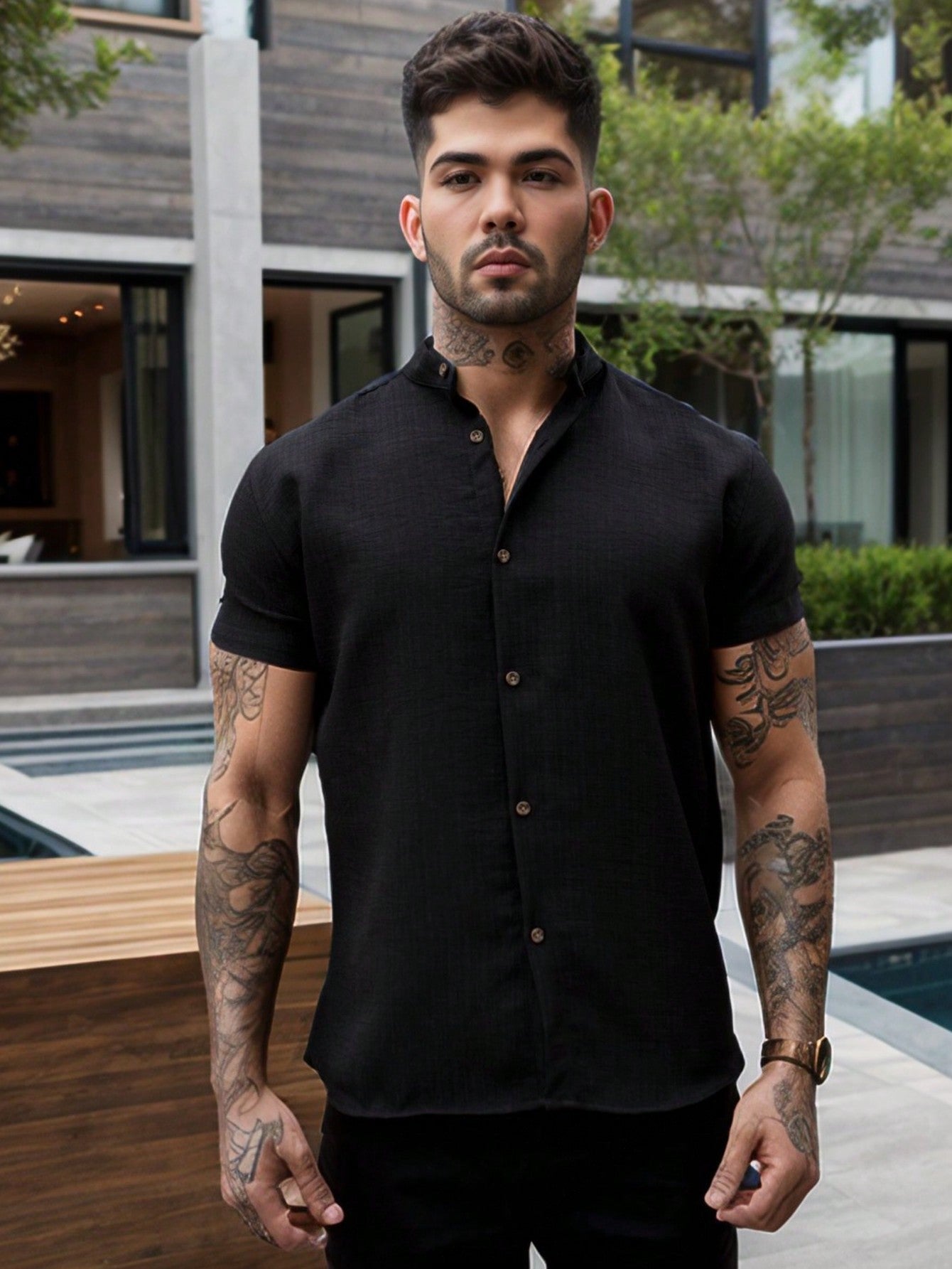 Camisa Masculina Gola Padre Slim Caimento Impecável Preto / PP Camisa Masculina Gola Padre Slim Caimento Impecável