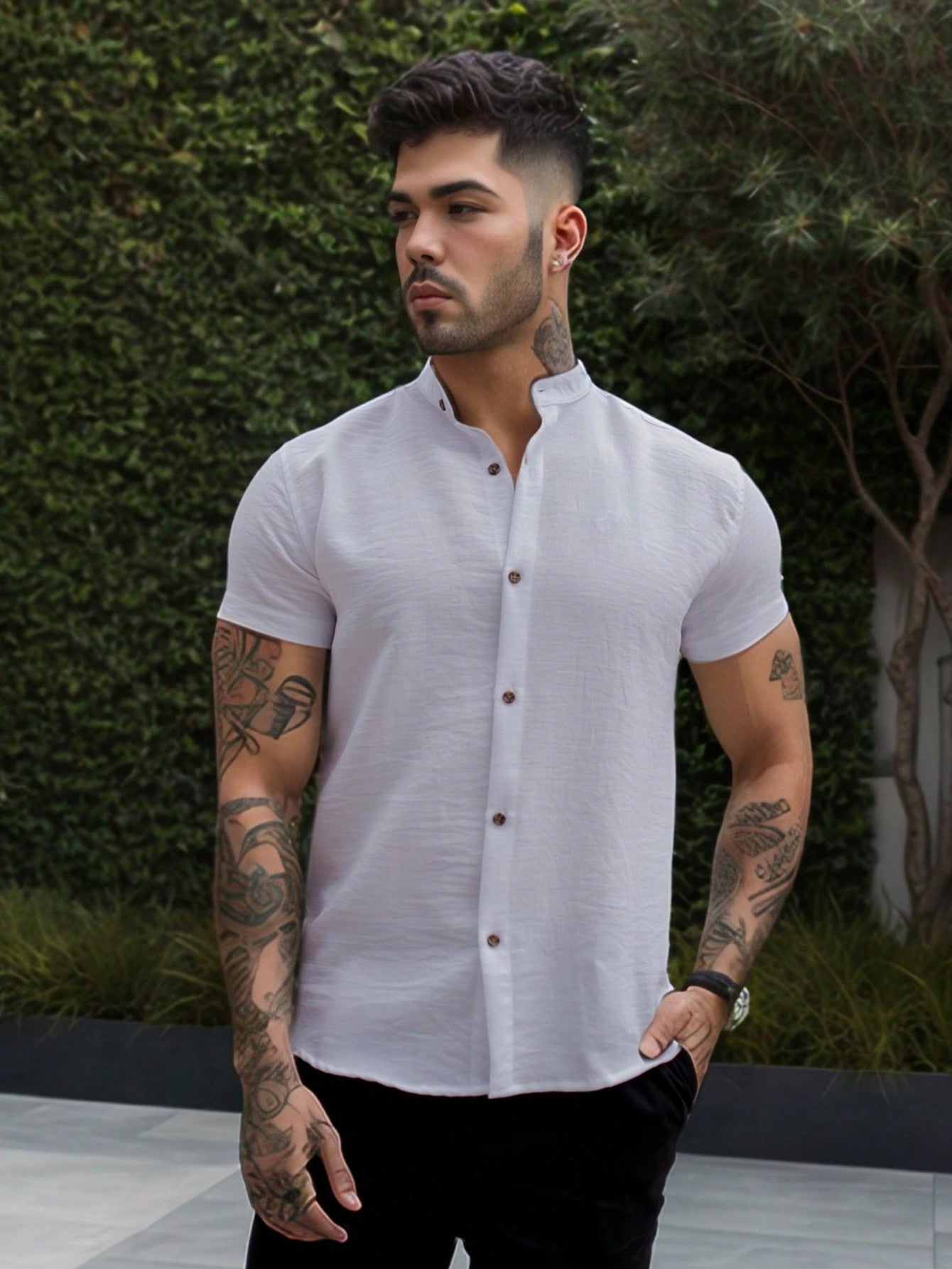 Camisa Masculina Gola Padre Slim Caimento Impecável Camisa Masculina Gola Padre Slim Caimento Impecável