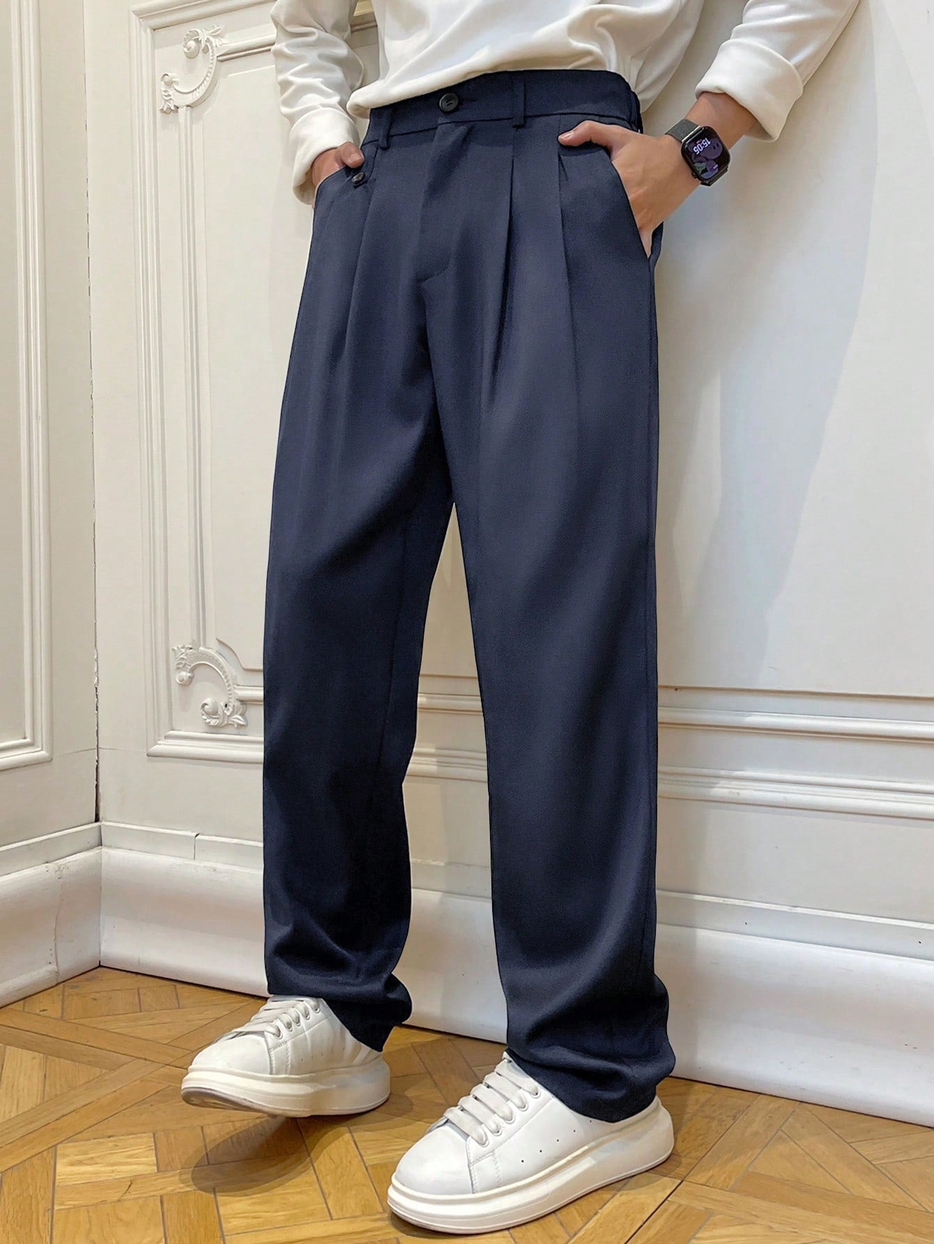 Calça Masculina Social Prega Frontal Com Corte Reto Elegante Azul Marinho / PP Calça Masculina Social Prega Frontal Com