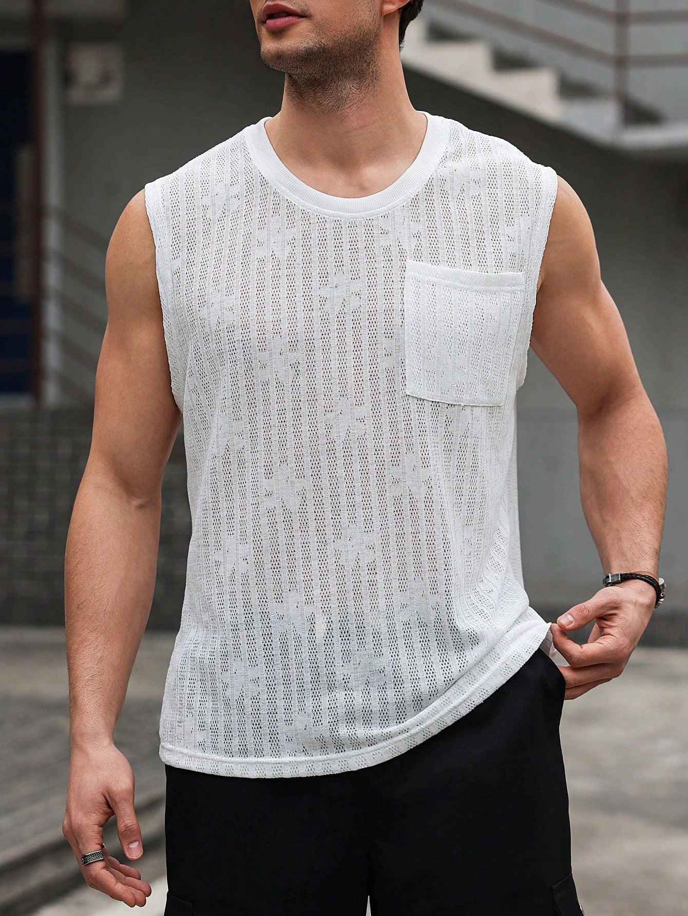 Camiseta Regata Masculina Casual Bolso Gola Careca Camiseta Regata Masculina Casual Bolso Gola Careca