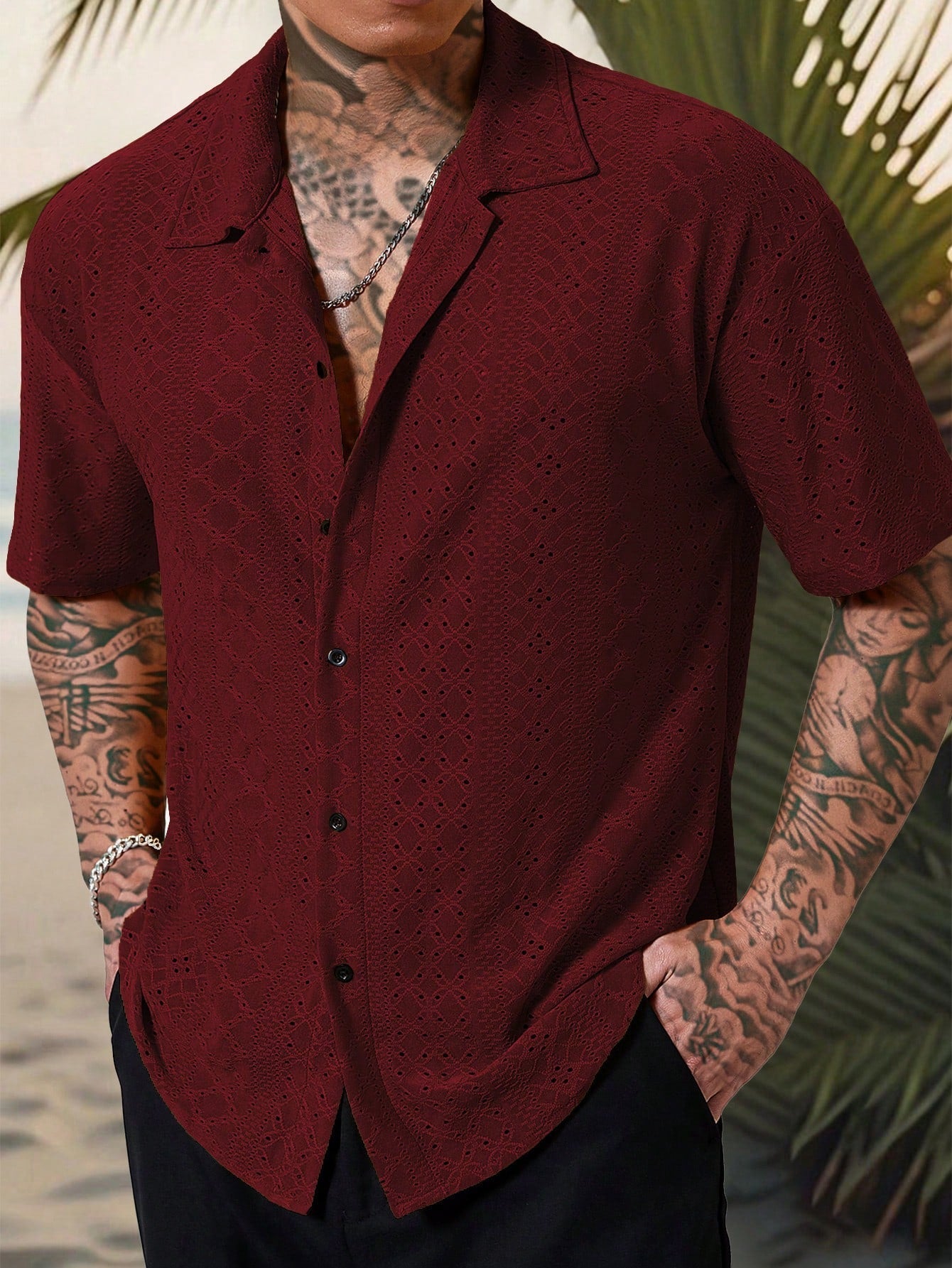 Camisa Masculina De Botão Tecido Vazado Estilo Tropical Vinho / PP Camisa Masculina De Botão Tecido Vazado Estilo
