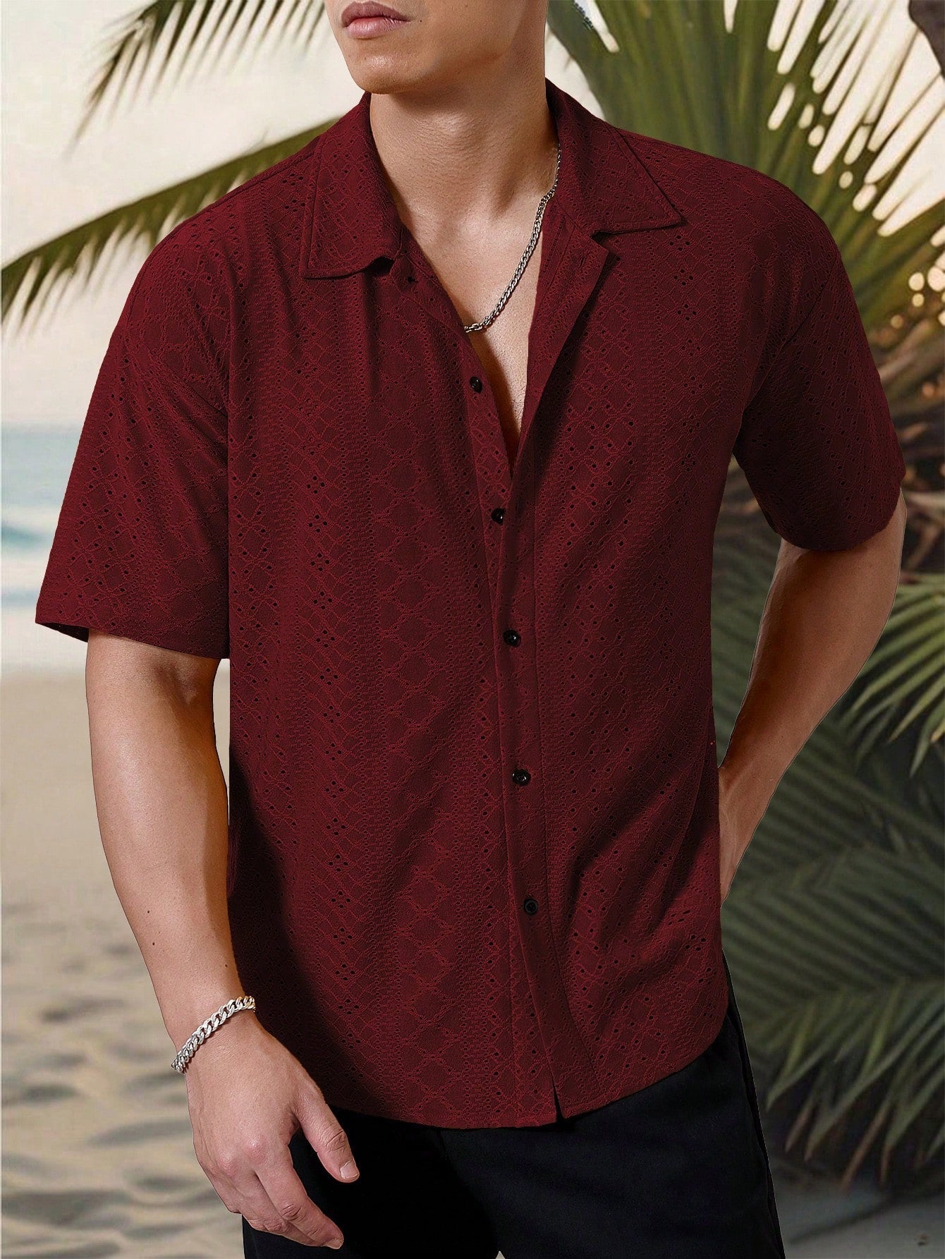 Camisa Masculina De Botão Tecido Vazado Estilo Tropical Camisa Masculina De Botão Tecido Vazado Estilo Tropical