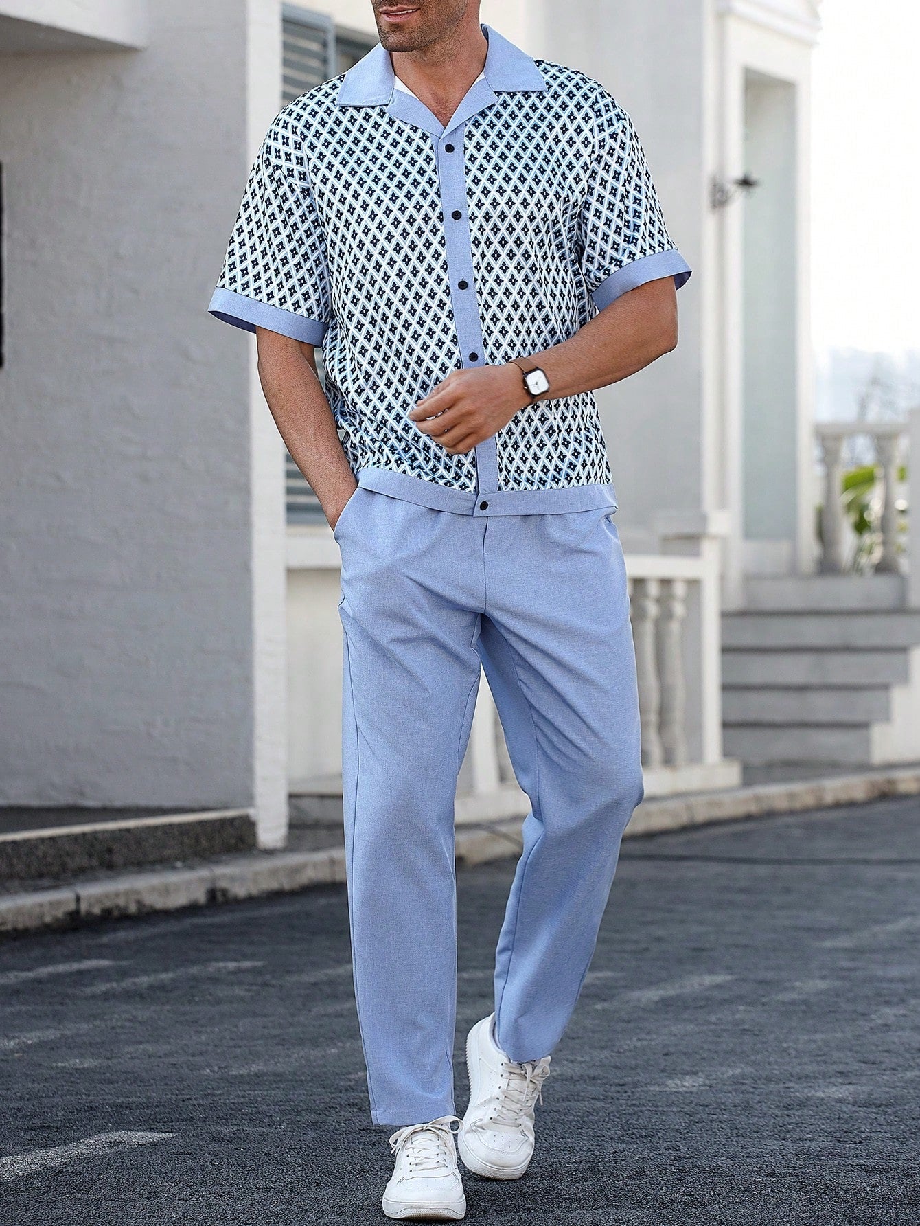 Conjunto Masculino Camisa Estampada E Calça Elegante E Leve Azul / PP Conjunto Masculino Camisa Estampada E Calça