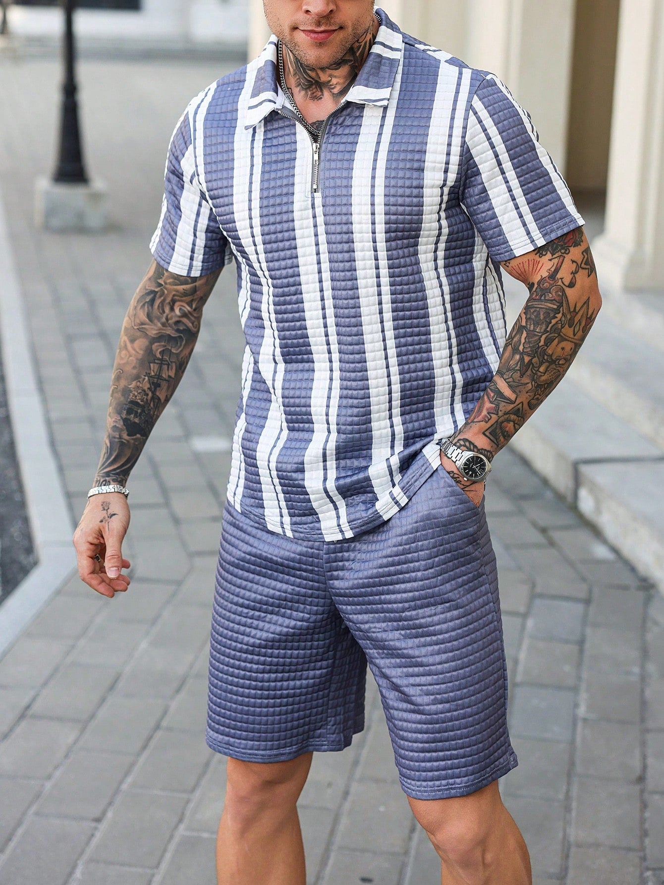 Conjunto Masculino Polo Manga Curta Com Zíper E Shorts Casuais Azul / PP Conjunto Masculino Polo Manga Curta Com Zíper