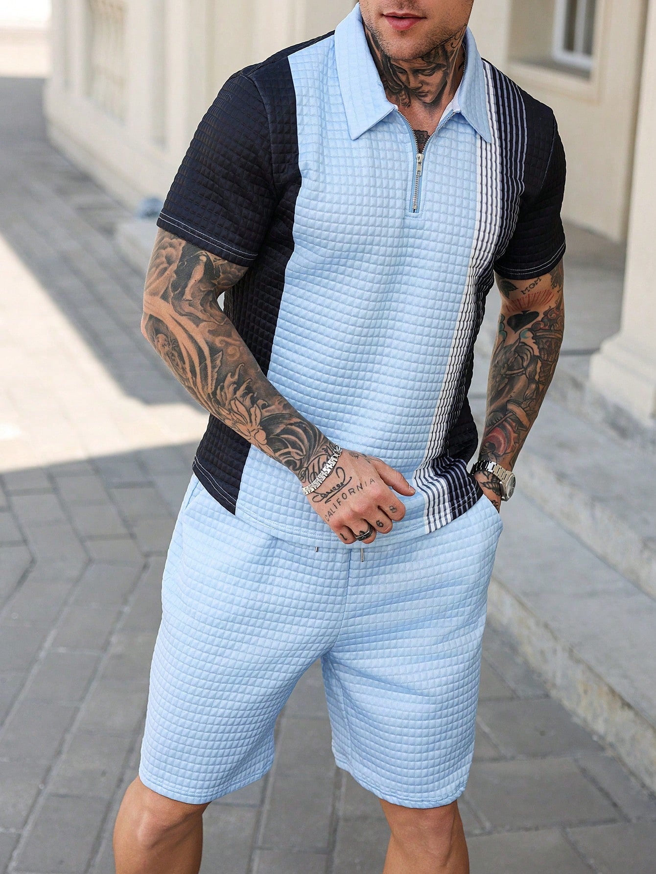 Conjunto Masculino Camiseta Básica E Shorts Casuais Azul Bebê / PP Conjunto Masculino Camiseta Básica E Shorts Casuais