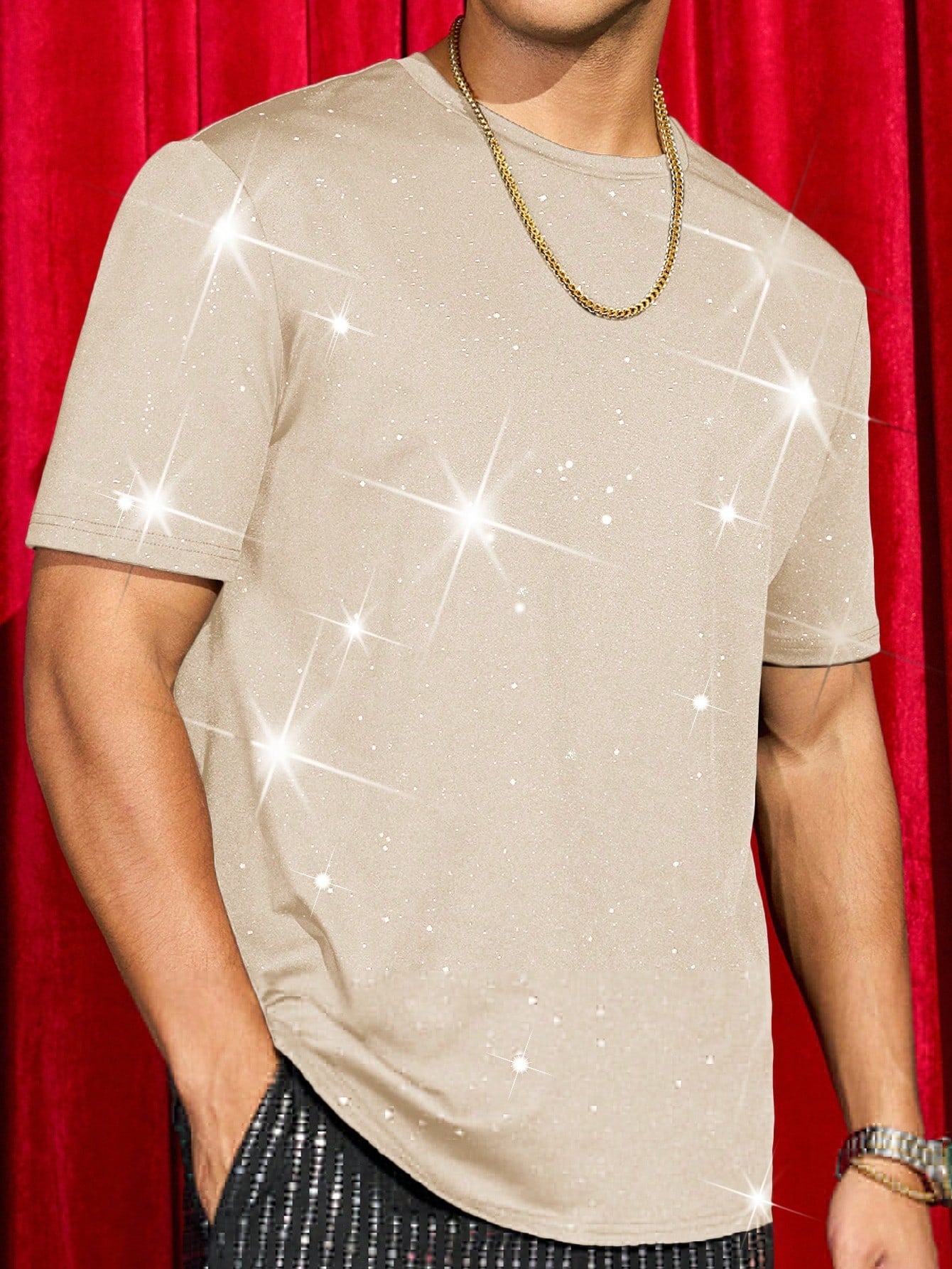 Camiseta Masculina Slim Estampa De Estrelas Brilho Damasco / PP Camiseta Masculina Slim Estampa De Estrelas Brilho