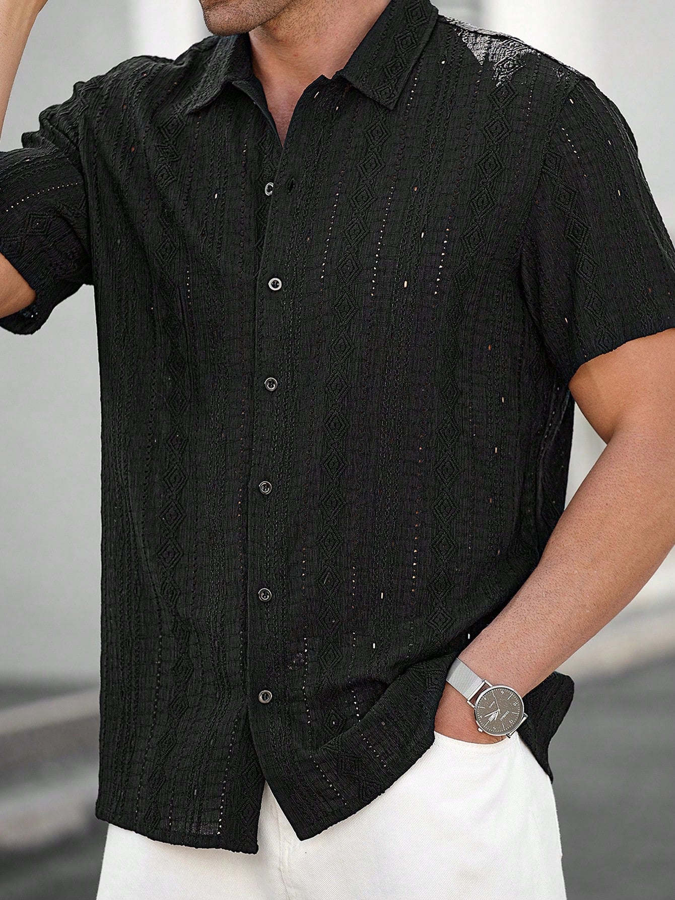 Camisa Masculina De Botão Textura Vazada Caimento Moderno Preto / PP Camisa Masculina De Botão Textura Vazada Caimento