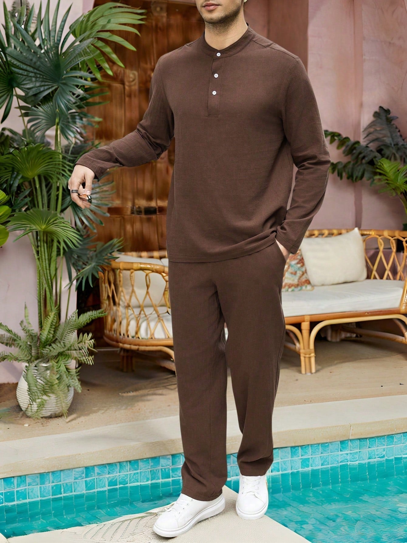 Conjunto Masculino Camisa Manga Longa E Calça Ajustável Casual Marrom / PP Conjunto Masculino Camisa Manga Longa E